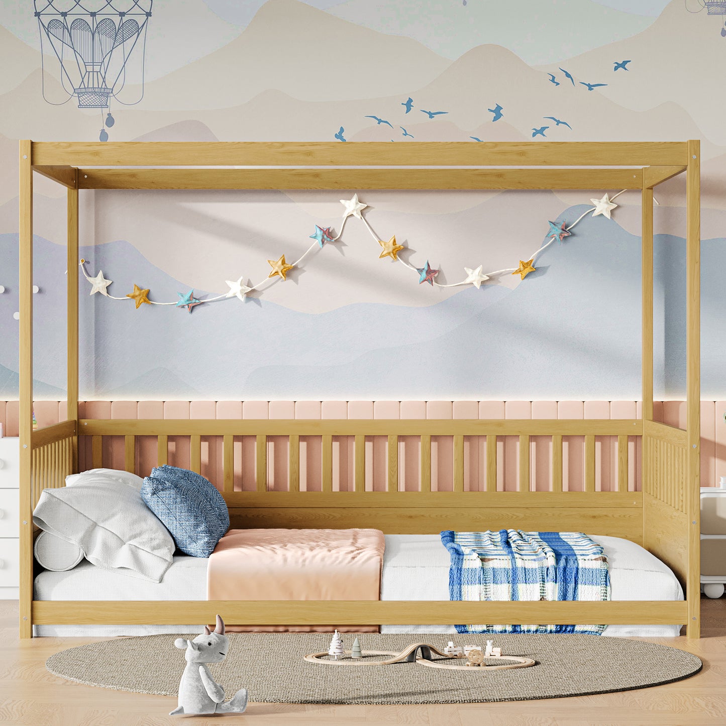 Full Size Canopy Bed Frame with Guardrails for Kids,Floor Bed Full with Four Poster Design,Kids Montessori Floor Bed,Wood Canopy Bed Frame for Girls,Boys(Full,Natural) image 1