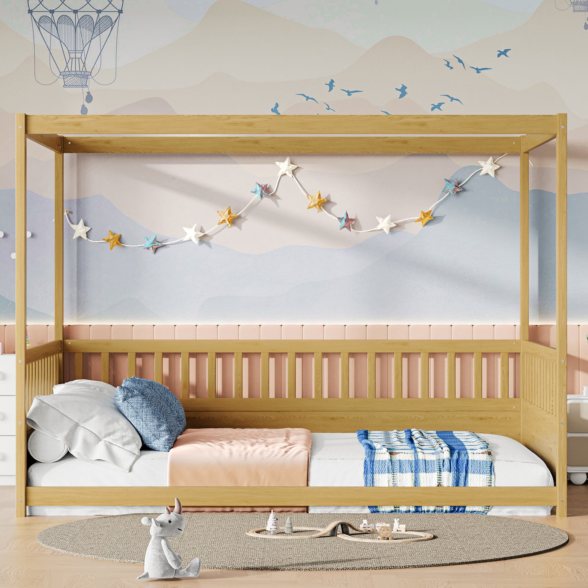 Full Size Canopy Bed Frame with Guardrails for Kids,Floor Bed Full with Four Poster Design,Kids Montessori Floor Bed,Wood Canopy Bed Frame for Girls,Boys(Full,Natural) image 1