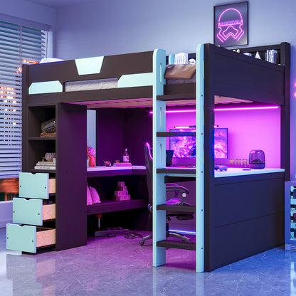Full Size Wooden Gaming Loft Bed with U-Shaped Desk, Smart RGB LED Lights and USB Ports, Multi-Functional High Sleeper with 3 Drawers and Storage Shelves for Teens Adults, Black+Blue image 1