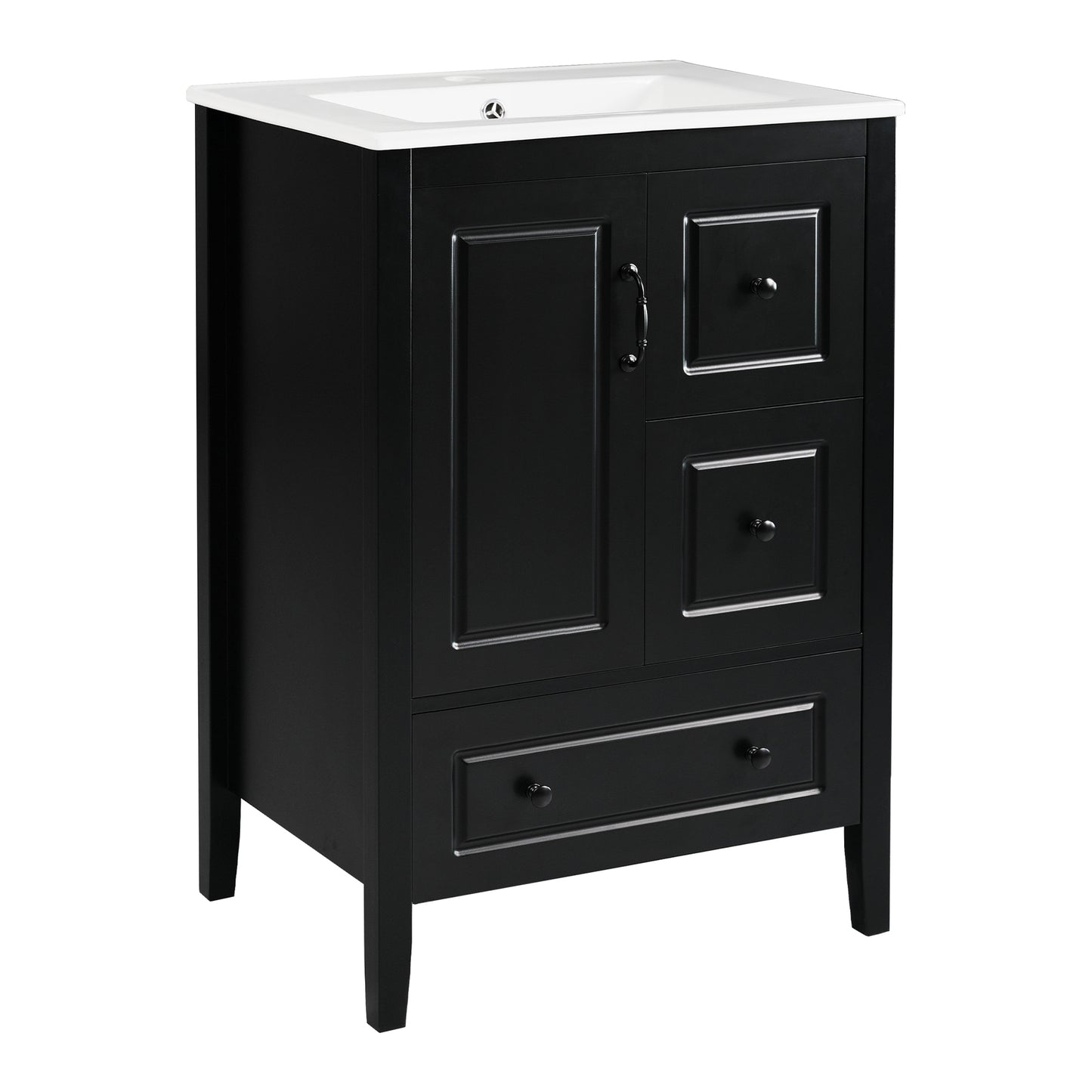 24 inch Bathroom Vanity with Sink, One Cabinet with Soft-closing Door, 3 Soft-closing Drawers, Retro Metal Handles, Black image 10