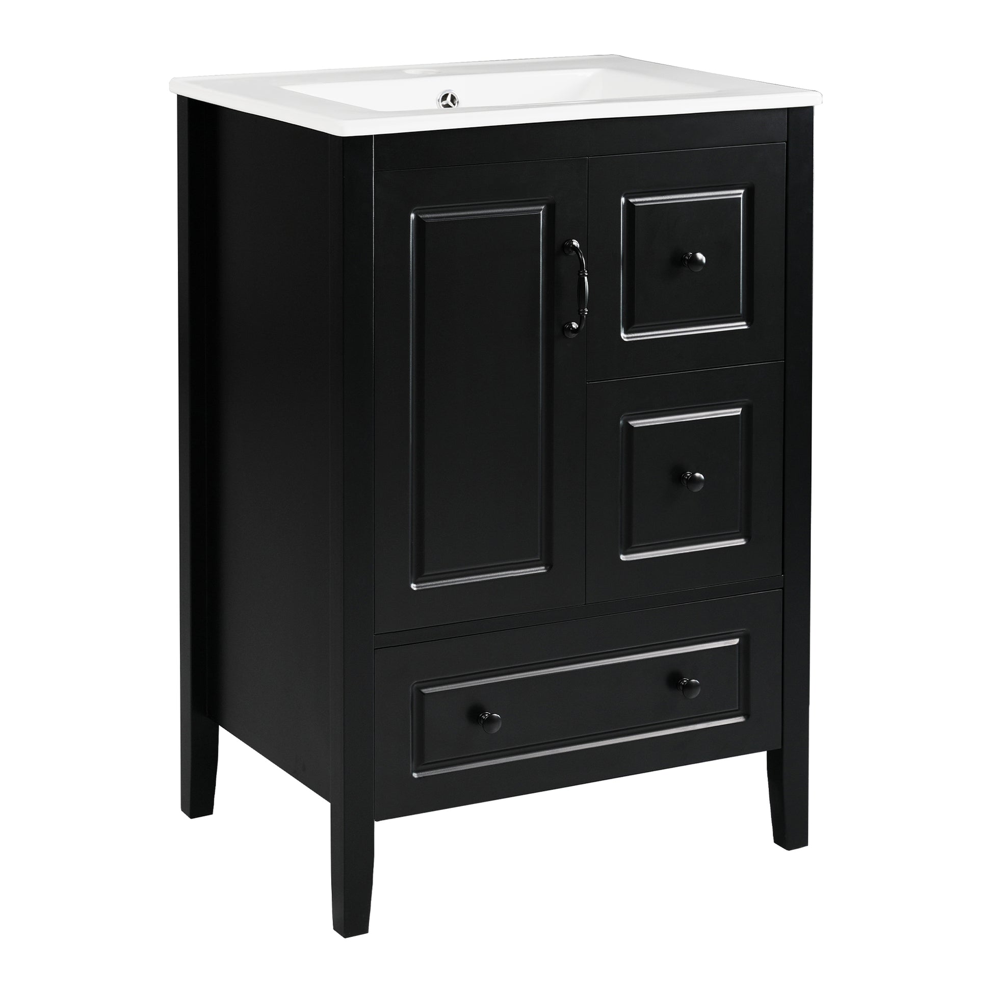24 inch Bathroom Vanity with Sink, One Cabinet with Soft-closing Door, 3 Soft-closing Drawers, Retro Metal Handles, Black image 10