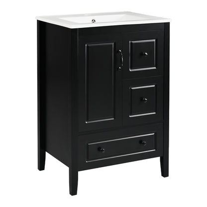 24 inch Bathroom Vanity with Sink, One Cabinet with Soft-closing Door, 3 Soft-closing Drawers, Retro Metal Handles, Black image 10