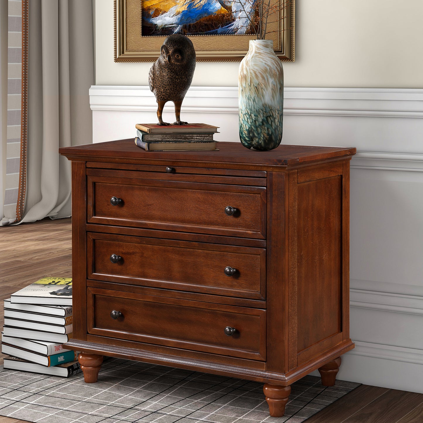 U_STYLE 27.6''Nightstand with Pine Wood veneer, Fashion Bedside Cabinet with 3 Drawers and pull-out tray, Minimalist Sofa Side Table with rubber legs and Metal handle for Bedroom Sofa Couch Office image 2