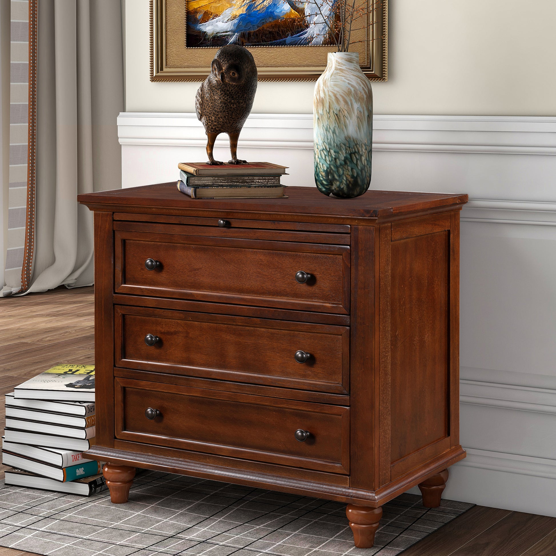 U_STYLE 27.6''Nightstand with Pine Wood veneer, Fashion Bedside Cabinet with 3 Drawers and pull-out tray, Minimalist Sofa Side Table with rubber legs and Metal handle for Bedroom Sofa Couch Office image 2