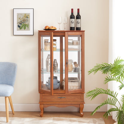 Lighted Glass Cabinet Glass Wine Cabinet Curio Display Cabinet with Adjustable Glass Shelves 2 Doors and 1 drawer Cabinet Bulb Included OAK image 3