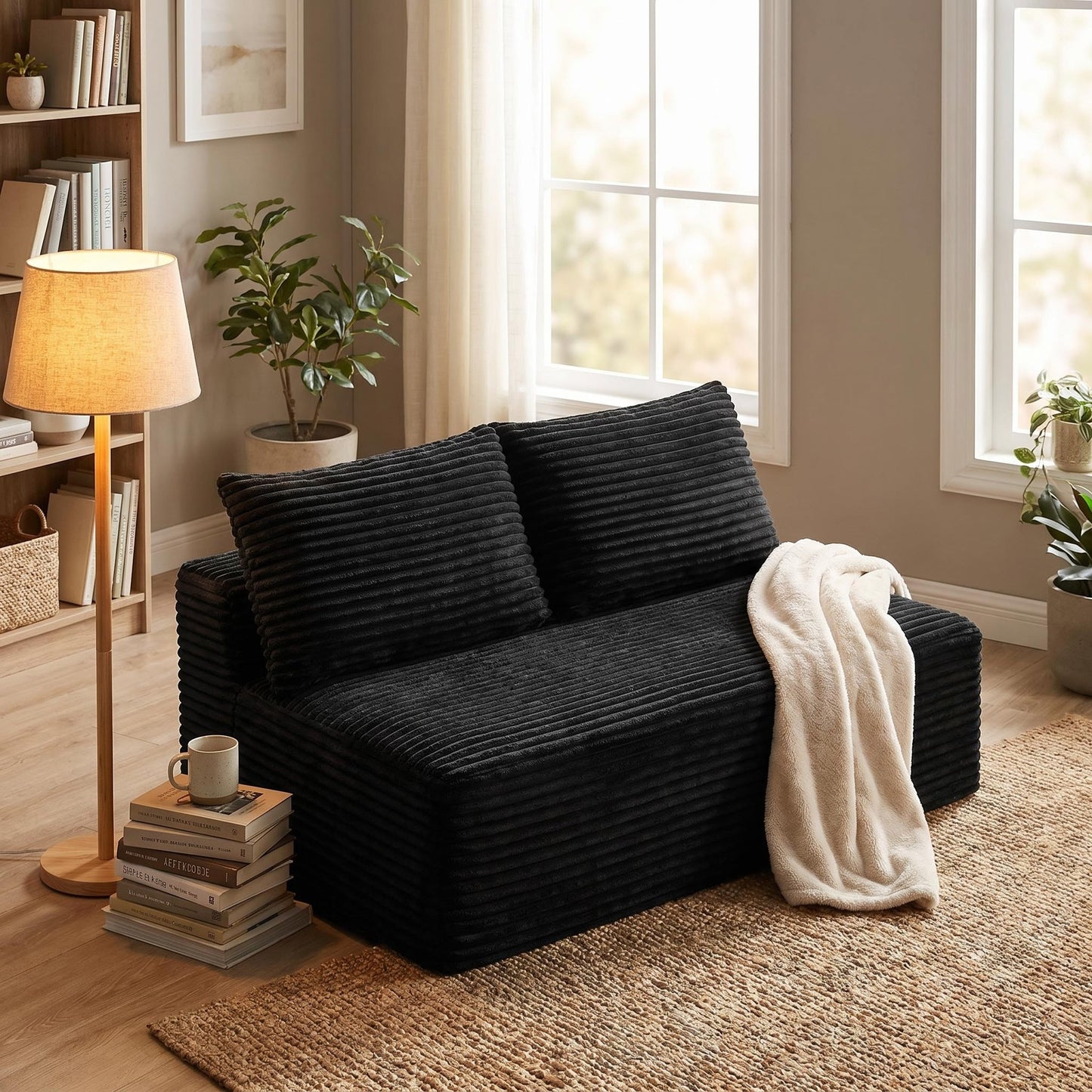 Black Corduroy Ground-Hugging Compressed Loveseat, Armless No-Legs 2-Seater Sofa for Living Room Small Apartment image 2