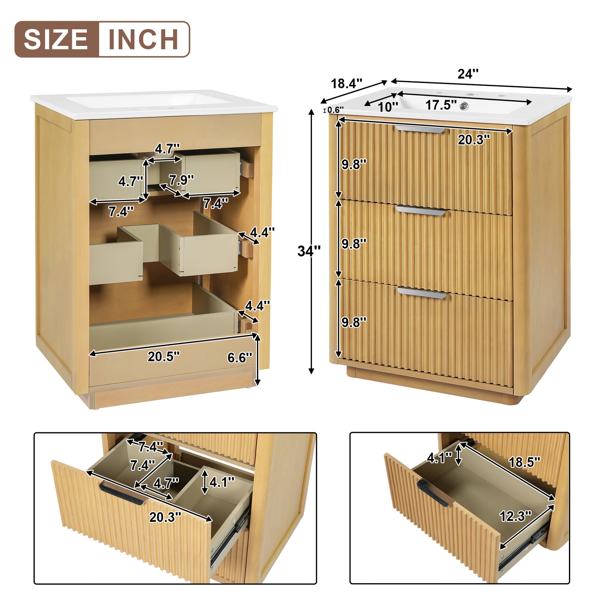 24 inch Modern Luxury Bathroom Vanity with Ceramic Sink, Bathroom Cabinet with Open Shelf and Closed Storage image 9