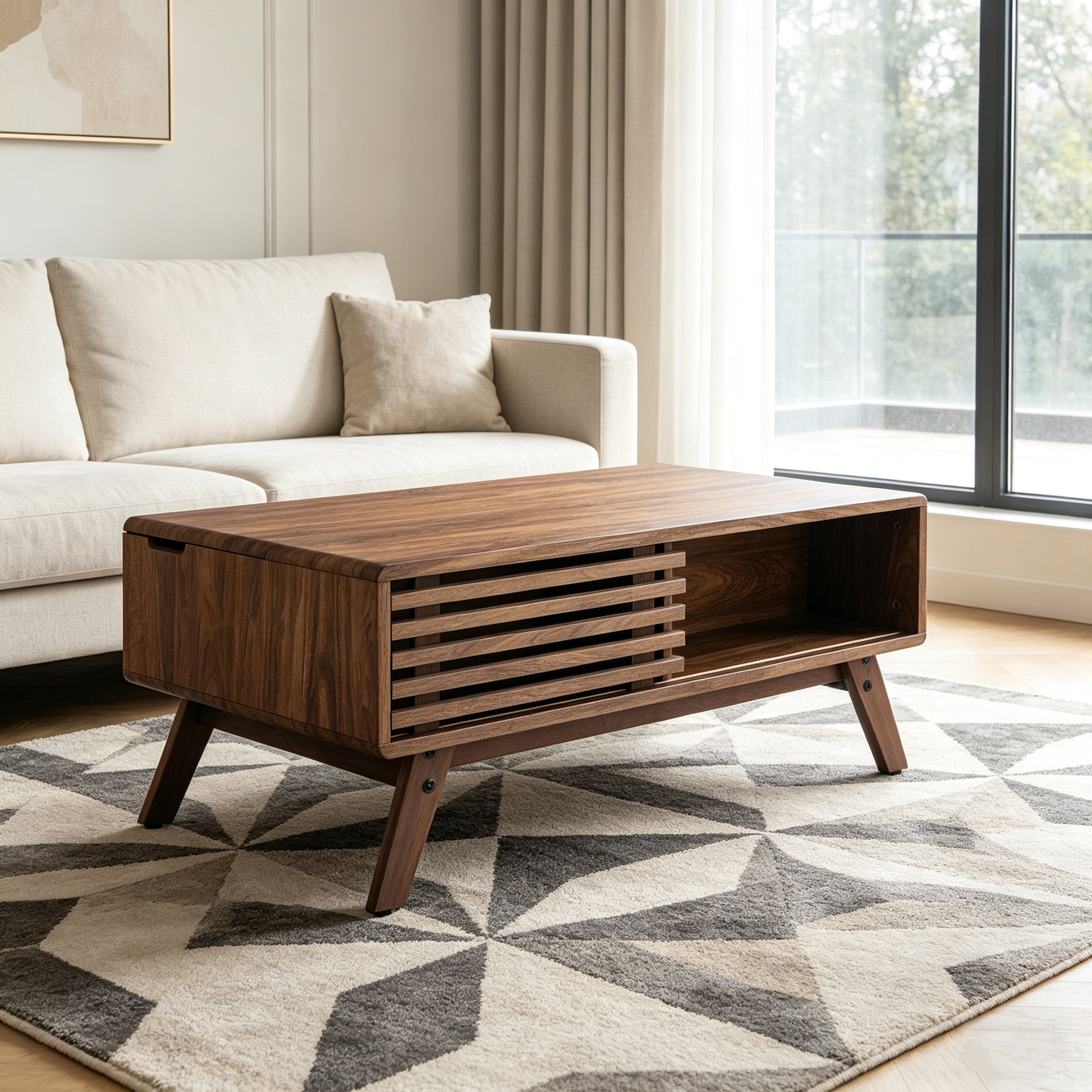 39.37" Mid-Century Walnut Lift Top Coffee Table, Multifunctional Lift-Up Coffee Table with Hidden Storage & Open Shelf for Living Room image 11