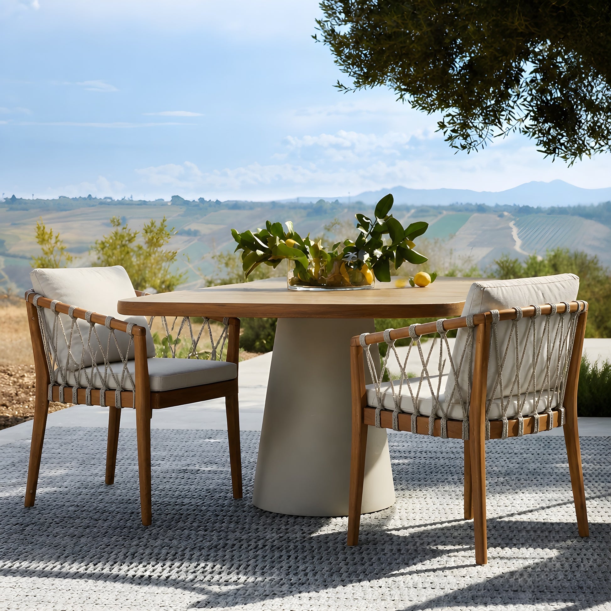 Outdoor Dining Chairs set for 2, Acacia Wood Frame with Teak Finish, Multi Brown Rope Weave, Water Repellent Beige Cushion, Patio Bistro Chairs for Backyard Garden Balcony image 2