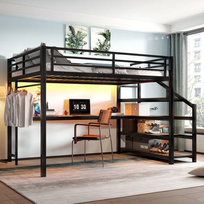 Queen Loft Bed with Desk and Storage Stairs, Metal Loft Beds with LED Lights, USB Ports, Multifunctional Iron Nets, No Spring Box Needed and Noise-free, Black image 2
