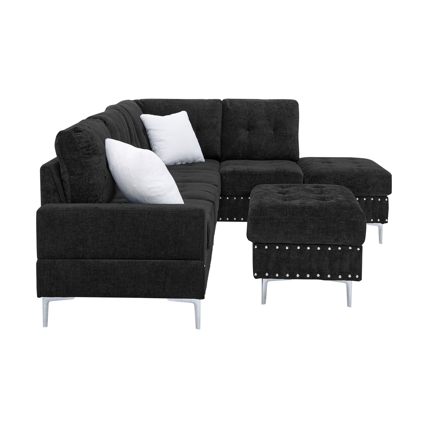Sectional 3-Seaters Sofa with Chaise, Storage Ottoman, Metal Legs and Copper Nails,Two White Pillows,Black(102" x 76" x35") image 7