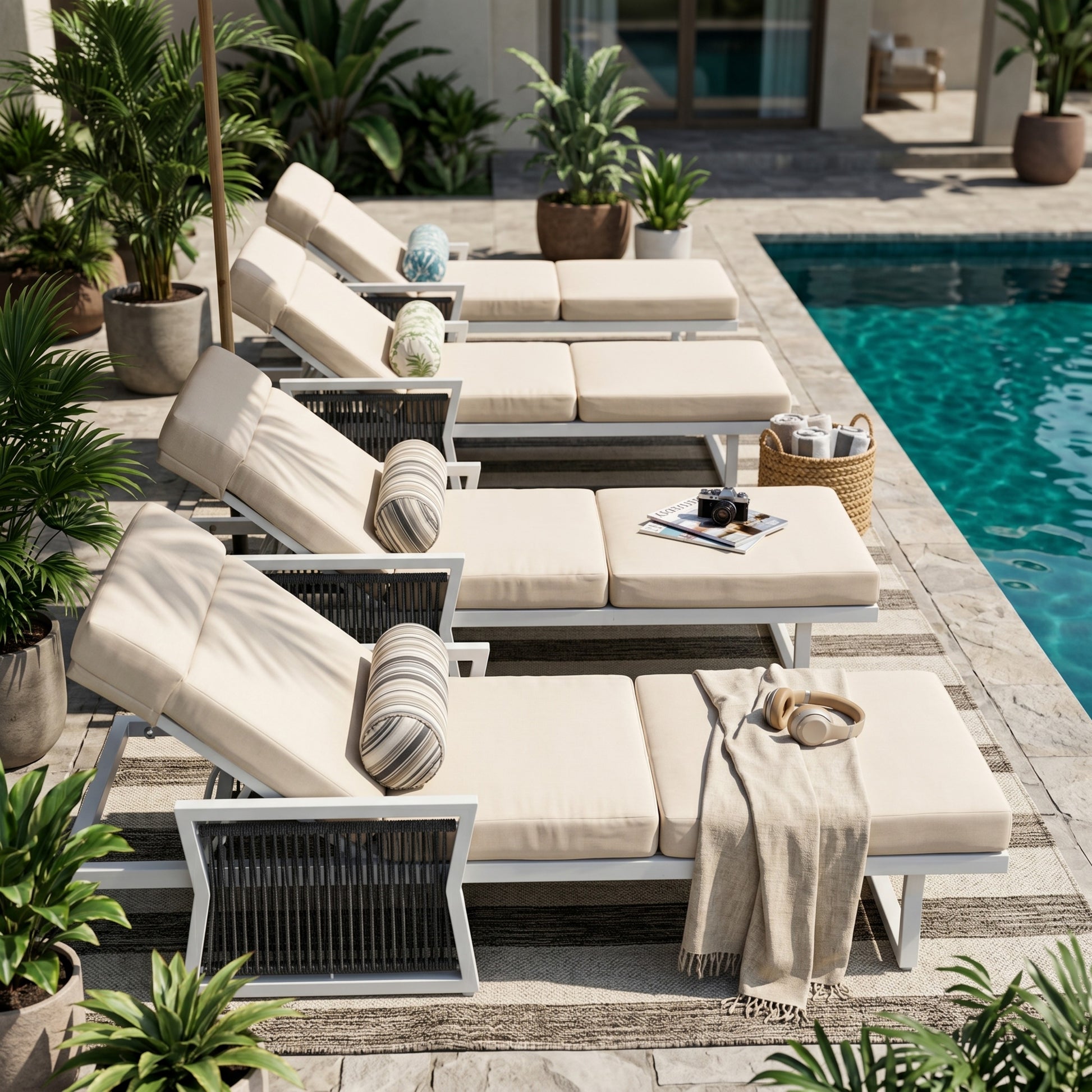 White Iron Outdoor Chaise Lounge with Black Rope Armrests, 4" Thick 4-Fold Beige Water Resistant Cushion with Built-In Headrest, 5-Position Adjustable, 400 LBS Capacity for Patio Pool Backyard image 8
