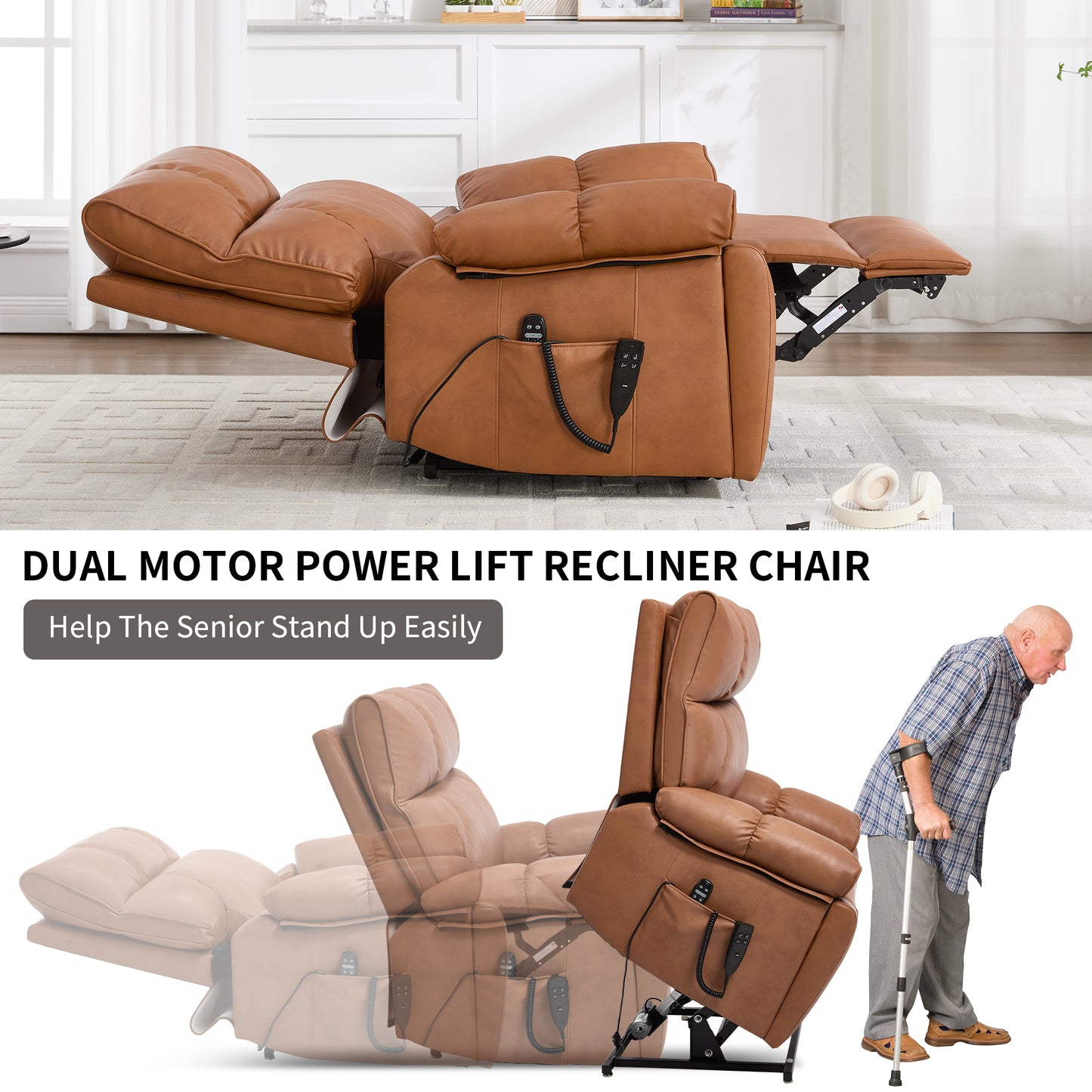 Orange Leatheraire Heat Massage Dual Motor Infinite Position Up to 350 LBS Large Electric Power Lift Recliners with Hidden Cup Holders, Power-Remote, Medium-firm and Heavy Duty image 10