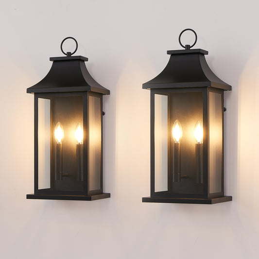 2-Pack Dusk to Dawn Outdoor Wall Lantern 2-Light 22.2 inch Large Black Wall Sconce with Glass - Front View