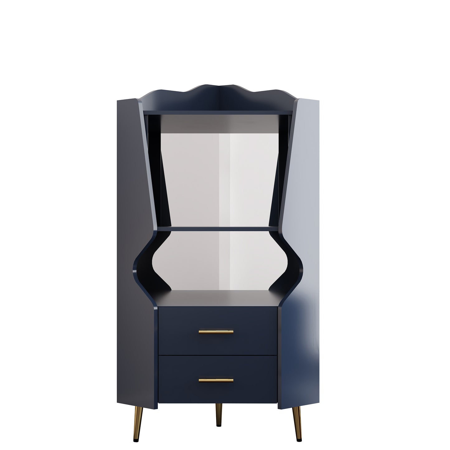 Wooden Corner bar cabinet with 2 open storage shelves and 2 drawers, mirrored back sideboard cabinet, high feet/legs for easy cleaning, buffet cabinet BLUE image 6