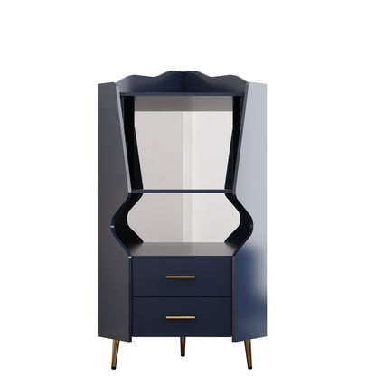 Wooden Corner bar cabinet with 2 open storage shelves and 2 drawers, mirrored back sideboard cabinet, high feet/legs for easy cleaning, buffet cabinet BLUE image 6