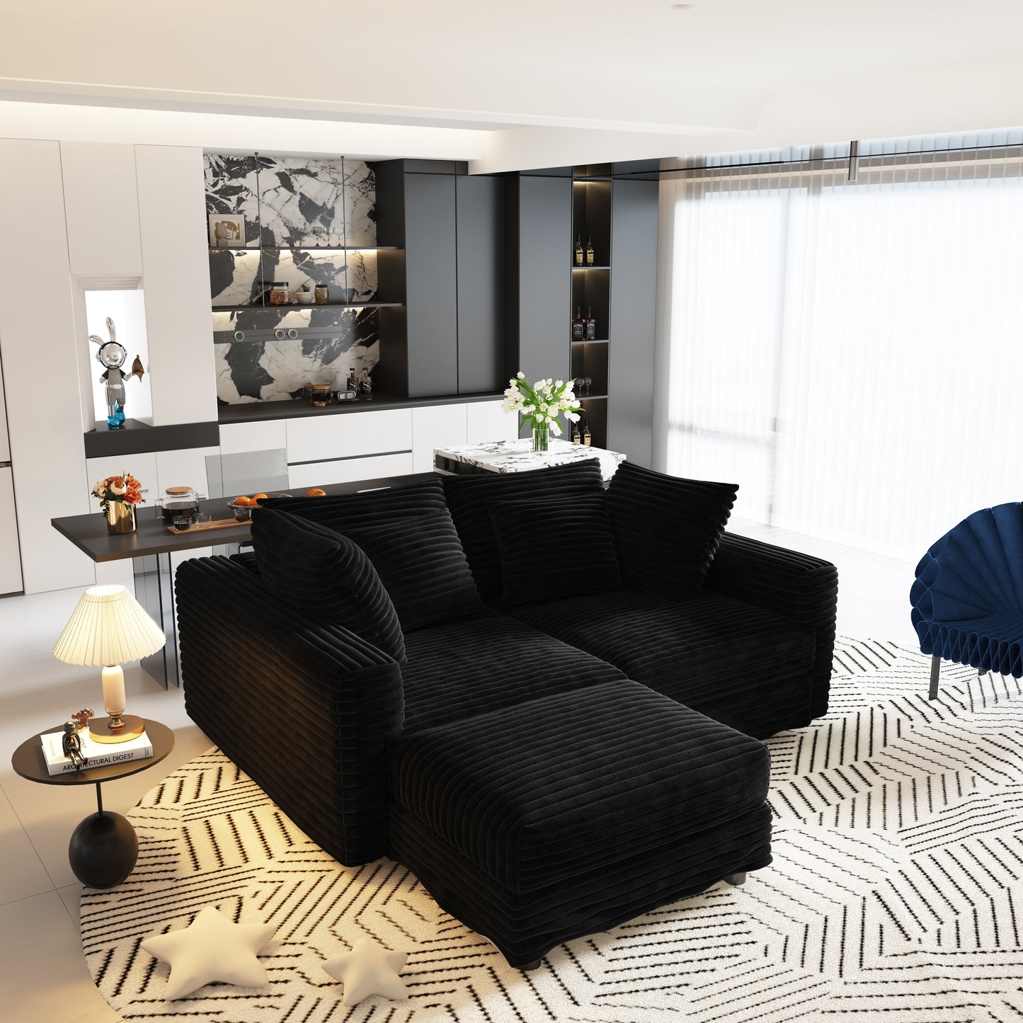 102.4 "Plush Corduroy 4-Seat Sofa,Modern Comfy Upholstered Sofa Cloud Couch,Deep Seat Couches with Soft Pillows and Movable Ottoman,Convertible Sofa Lounge Chair,Black(Old SKU:W1885S00277) image 5