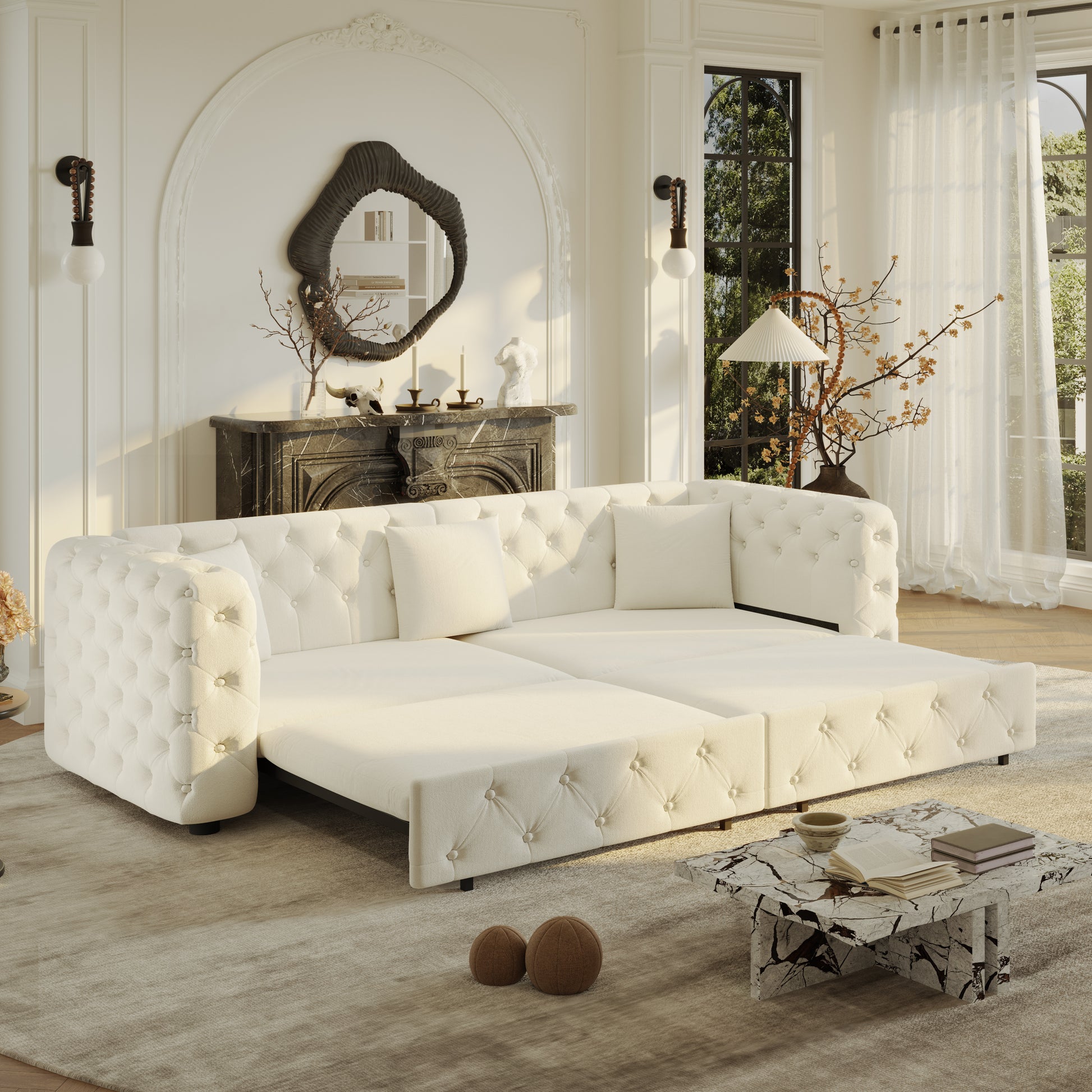 89" Extra Large Multifunctional Sofa Bed, 3-in-1 Pull Out Sofa, 4-Seater Classic Velvet Sofa with Tufted Design, Includes 3 Throw Pillows, Suitable for Apartments and Living Rooms, Beige&White image 3