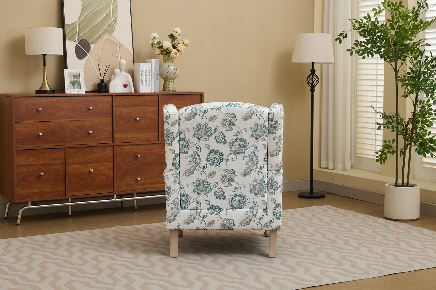 Modern Accent Chair with Retro Wood Legs, Comfy Upholstered Armchair, Floral Design Single Sofa Chair for Living Room Bedroom Office image 4