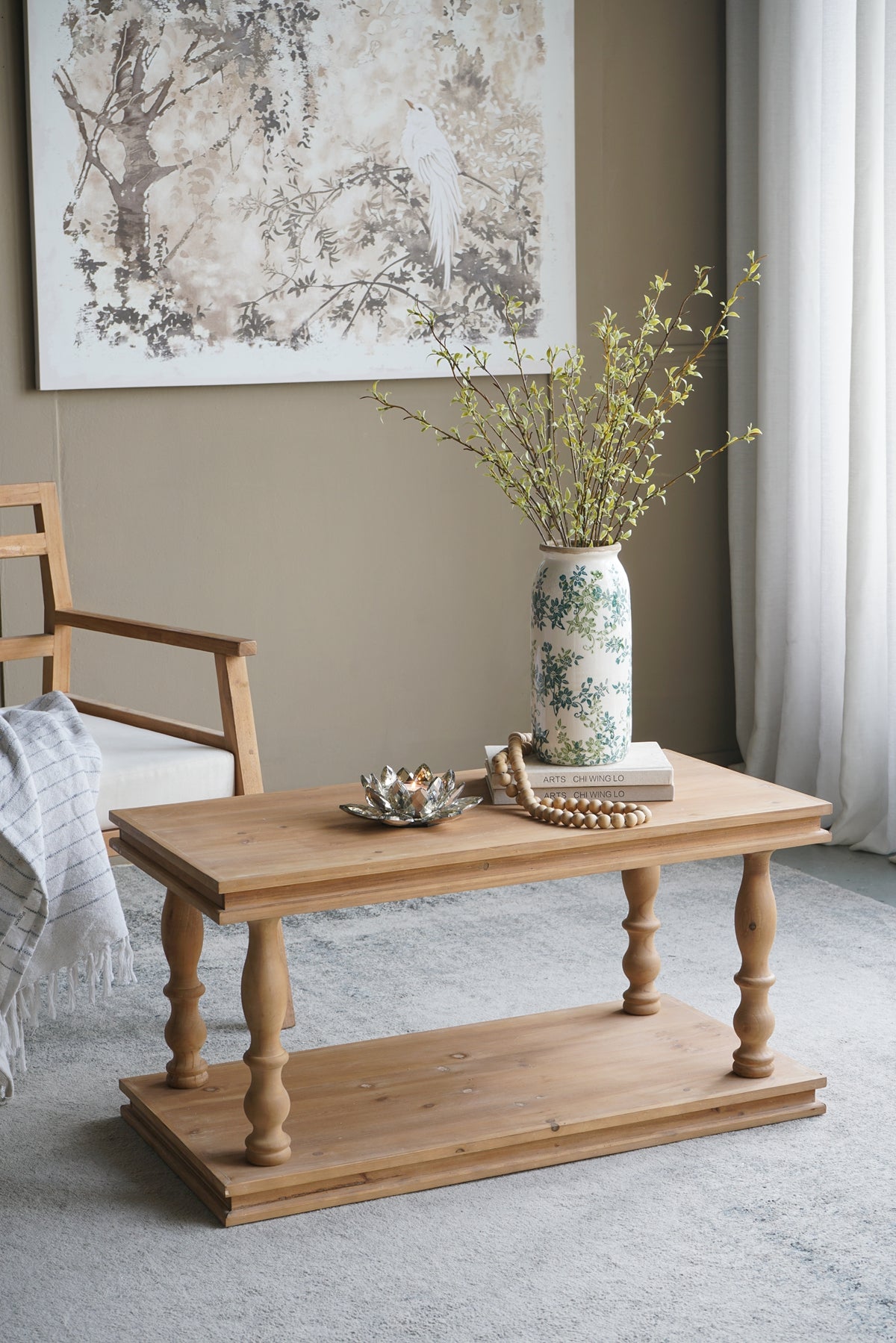 36x18x18" 2-Tier Rustic Rectangular Coffee Table, Natural Wood Living Room Center Table with Carved Baluster Legs, Farmhouse/French Country image 1