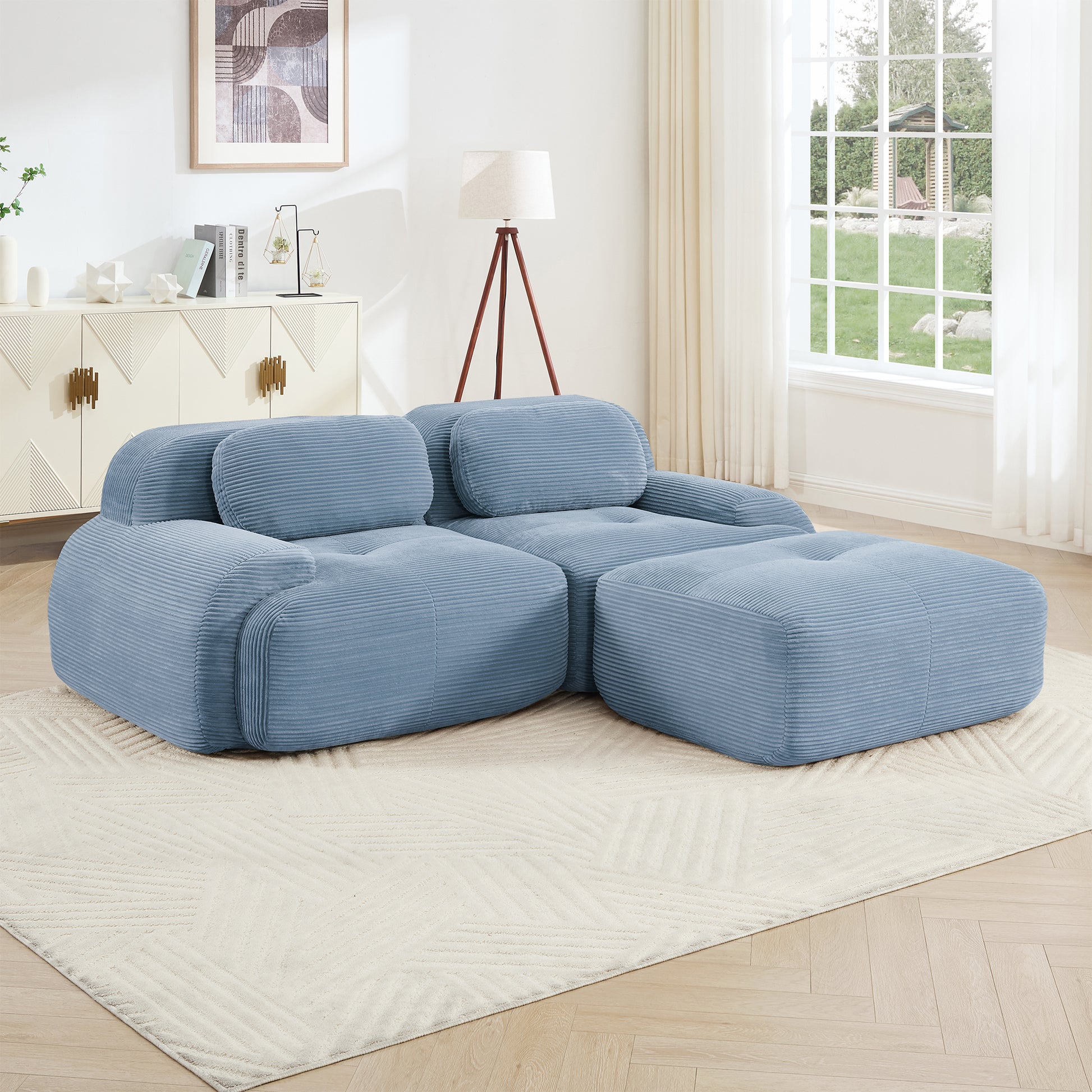 82'' L-shaped sofa in softCorduroy Fabric fabric modular design multiple combinations curved armrests no assembly required high-resilience sponge suitable for living rooms rest areas bedroom,Blue image 2