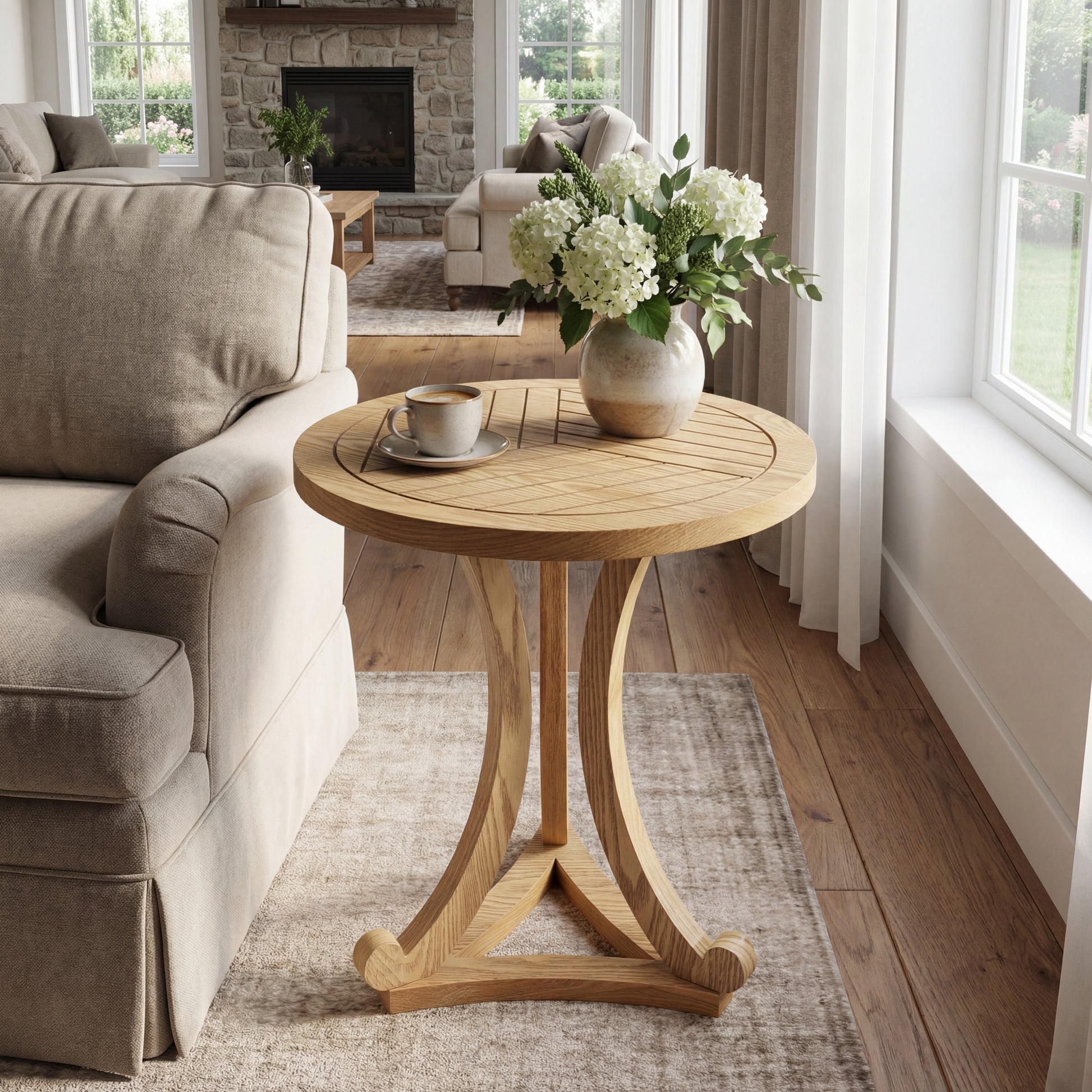 Natural Finish Round Wood Accent Table - Elegant Curved Base End Table for Living Room, Bedroom, or Patio image 1