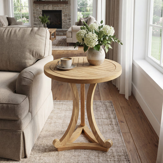 Natural Finish Round Wood Accent Table - Elegant Curved Base End Table for Living Room