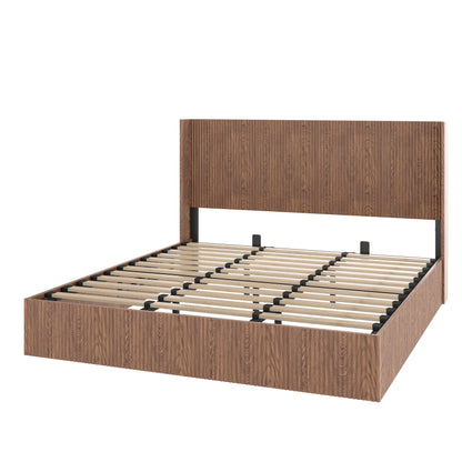 Large grooved undulating lift storage bed frame, wooden platform bed frame with lift storage, no spring box required/no noise, rustic brown slatted natural wood(King) image 8