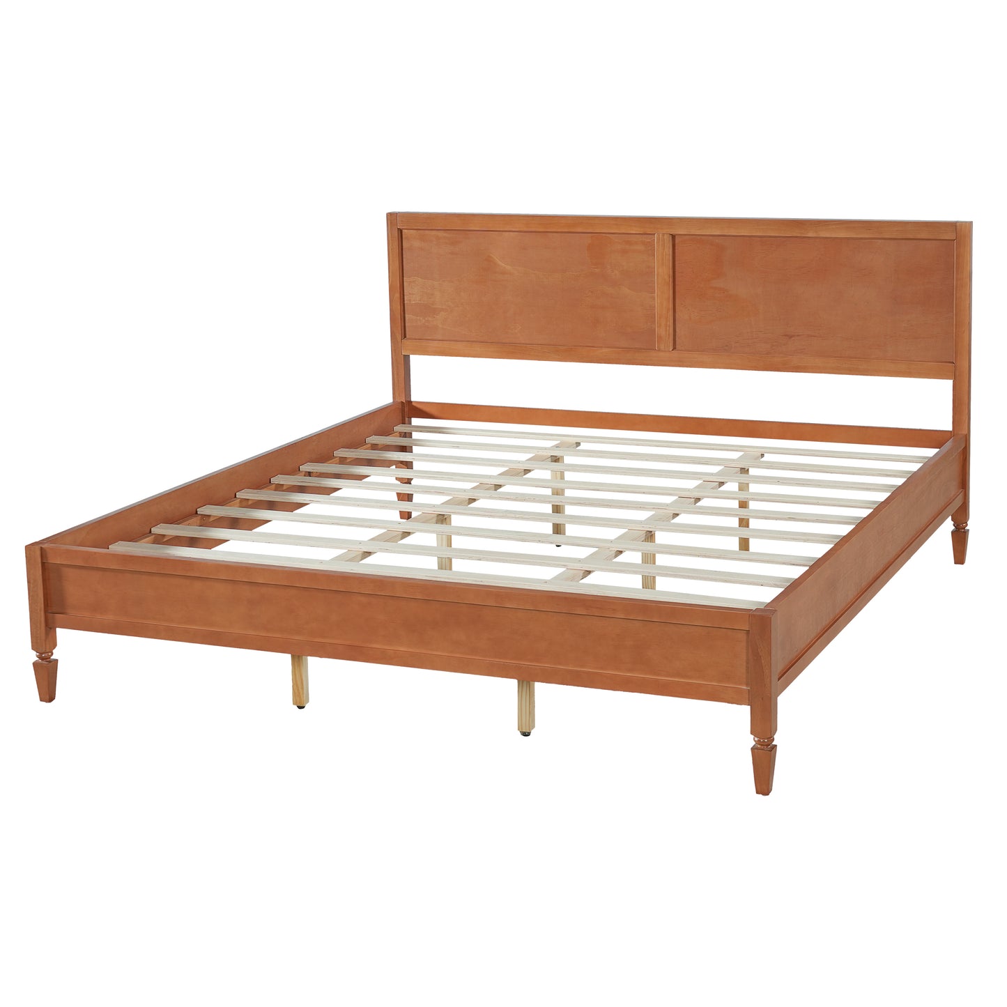 King Size Wood Platform Bed Frame with Classic Panel Headboard, Wooden Slats Support, No Box Spring Needed, Easy Assembly, Brown image 12