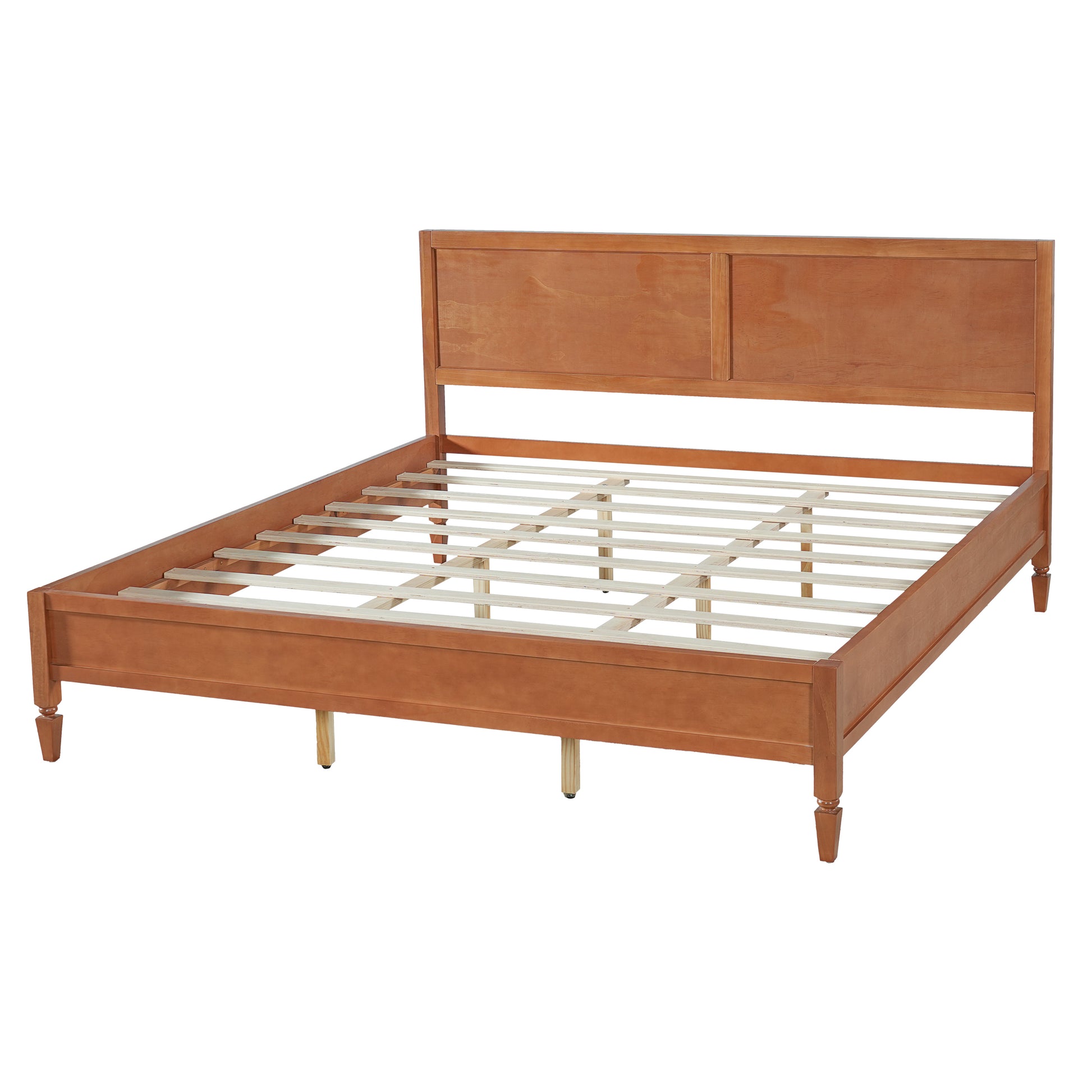 King Size Wood Platform Bed Frame with Classic Panel Headboard, Wooden Slats Support, No Box Spring Needed, Easy Assembly, Brown image 12