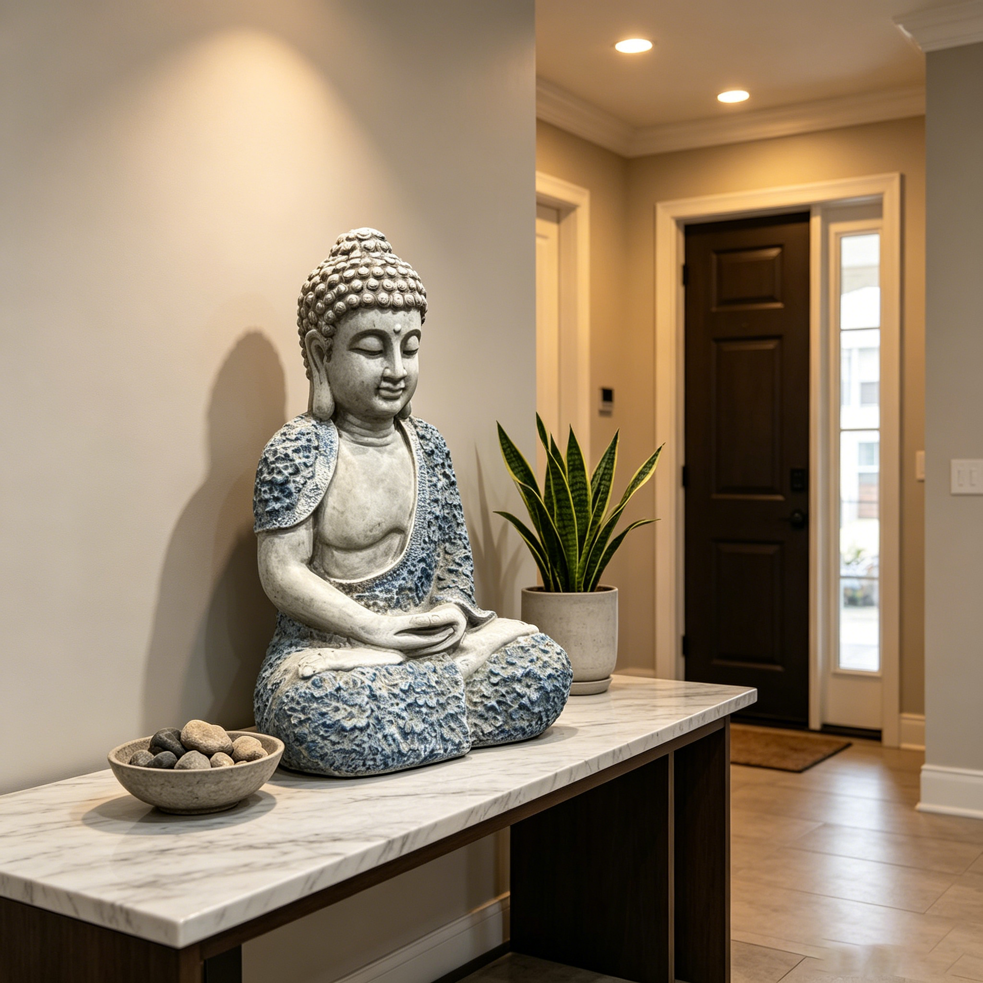 16'' Weatherproof Resin Buddha Garden Statue, Blue Floral Accent Meditating Buddha Figurine, Outdoor Zen Decor for Patio, Yard, Lawn & Landscape image 3