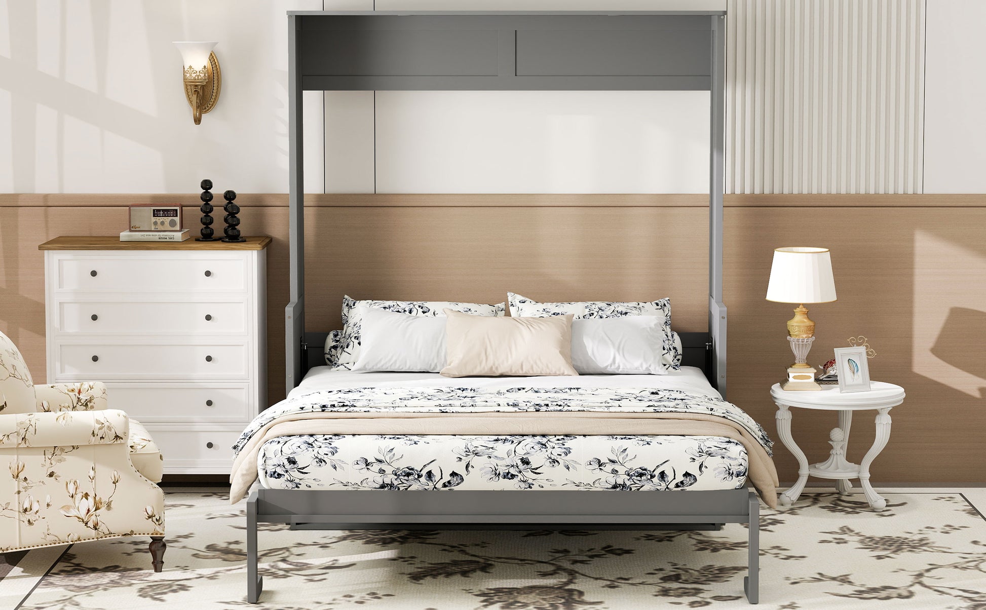 Queen Size Murphy Bed with Desk,LED Lights and USB Charging Station,Gray image 7