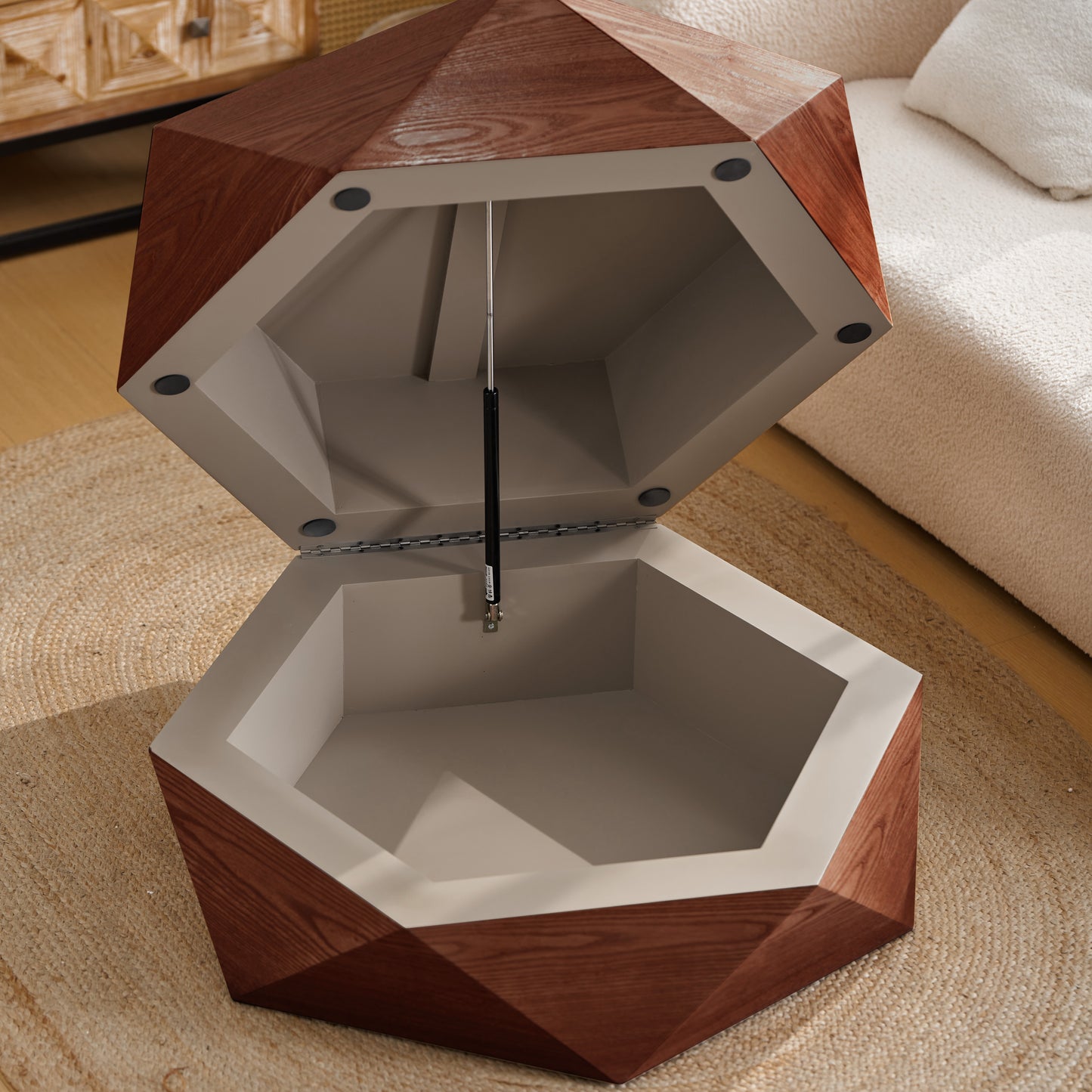 36.61'' Retro Style Polygon Flip Top Coffee Table, Flip-top hidden space, Solid Wood Veneered Drum Coffee Table with Storage for Living Room, Bedroom and Office, Reddish-brown, Brown image 3