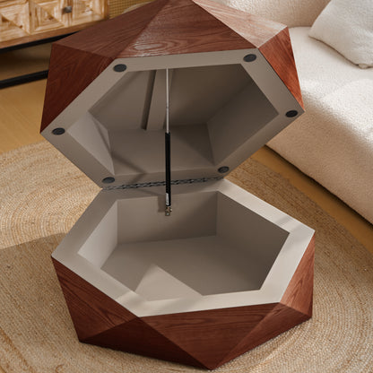 36.61'' Retro Style Polygon Flip Top Coffee Table, Flip-top hidden space, Solid Wood Veneered Drum Coffee Table with Storage for Living Room, Bedroom and Office, Reddish-brown, Brown image 3