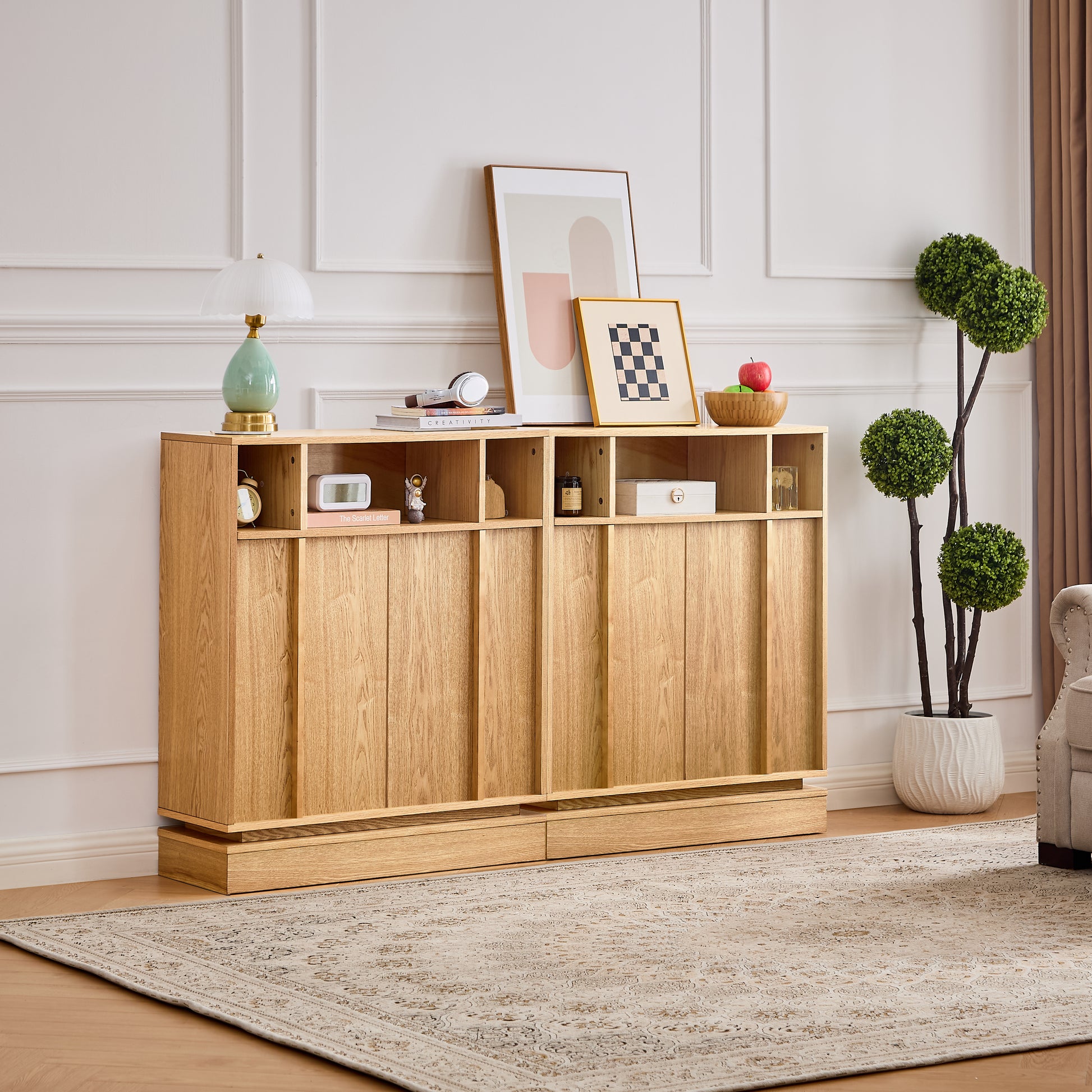 Sideboard Buffet Cabinet with Storage, Farmhouse Fluted Sideboard with 2 Doors & Adjustable Shelf, TV Media Console, Storage Cabinet for Entryway Hallway Kitchen Dining Living Room, Natural image 5