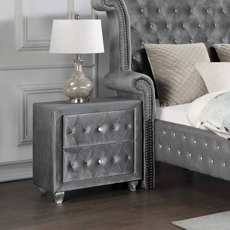 Glam Style 1pc Nightstand Button Tufted Full upholstered Frame Acrylic Buttons Gray Finish Bedroom Furniture image 1