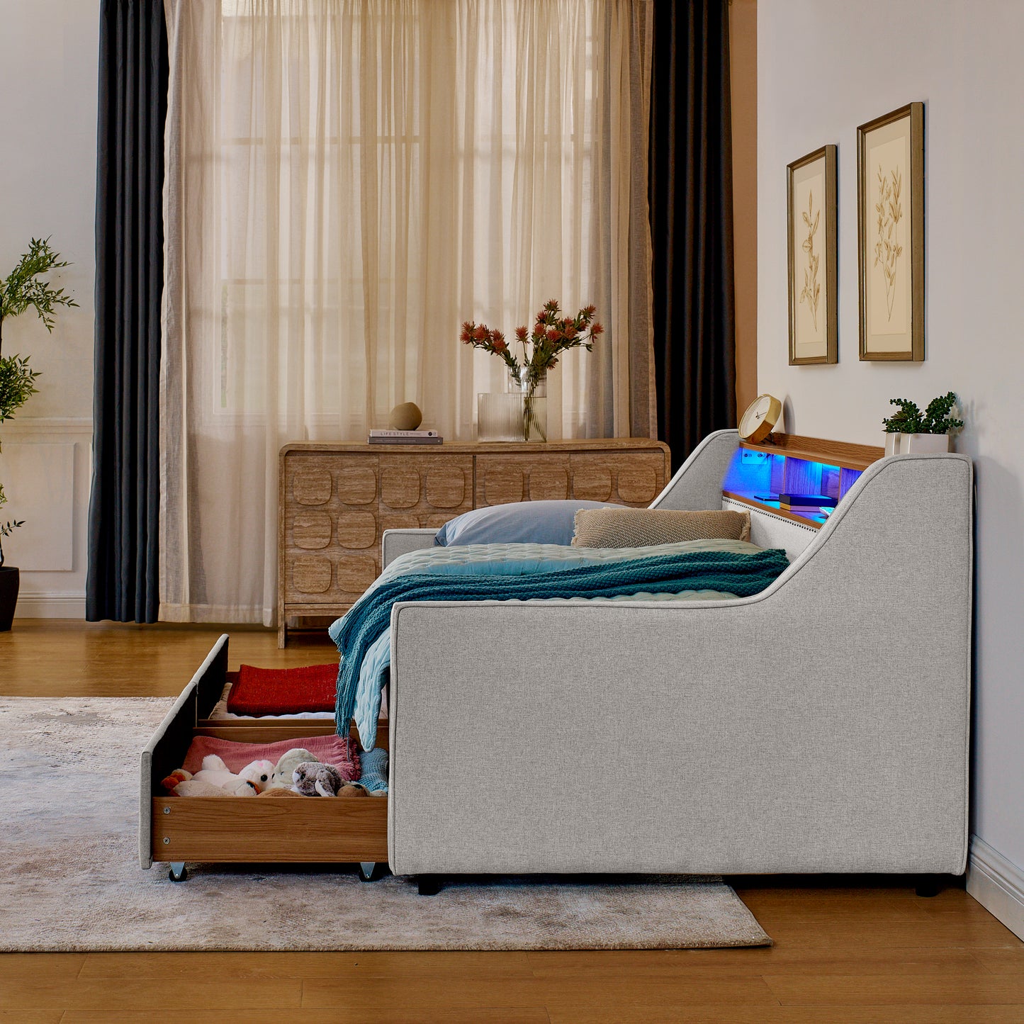 Twin Size Upholstery Sofa Bed with Three LED lights, with Storage Adjustable Headboard, with Two Storage Pull Up drawers and Wireless Charging, Linen Padded Sofa Bed frame, Beige image 5