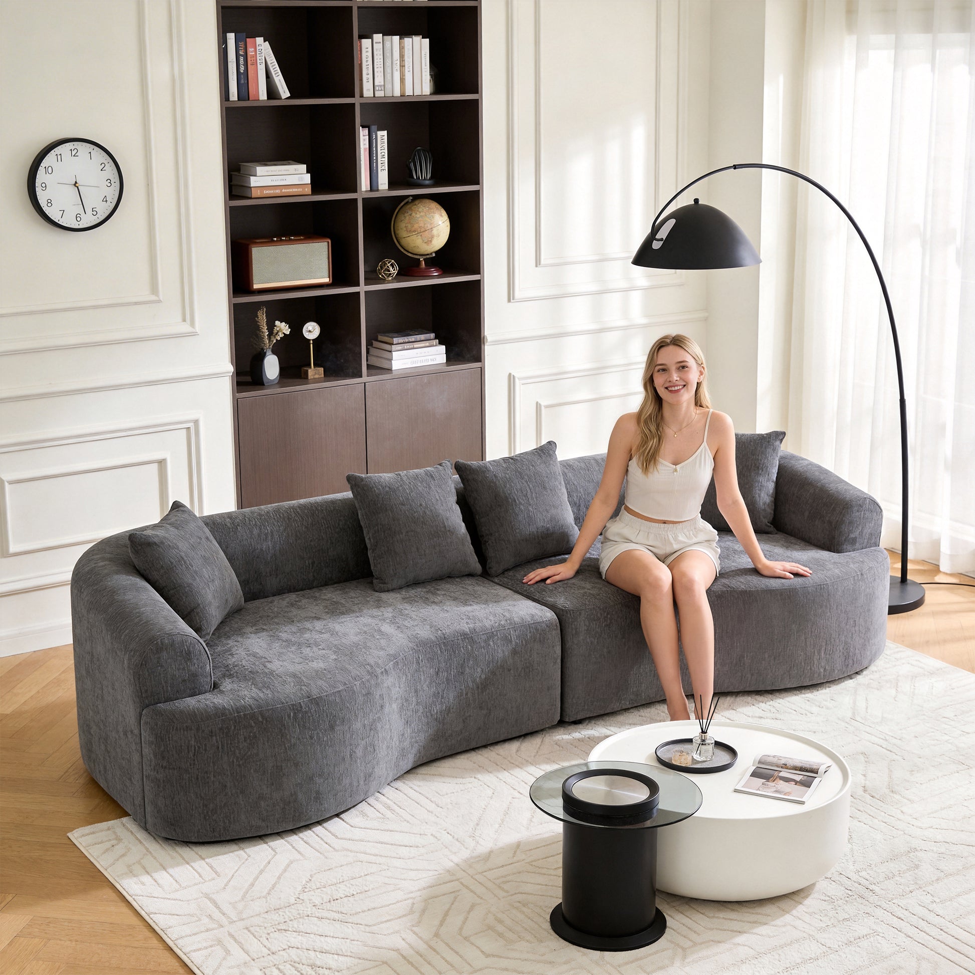 Curved Boneless Sofa,Compression Modular 108'' Sectional,Grey High-Density,Couches Sleeper for Living Room Bedroom Apartment Lounge,Chenille image 1