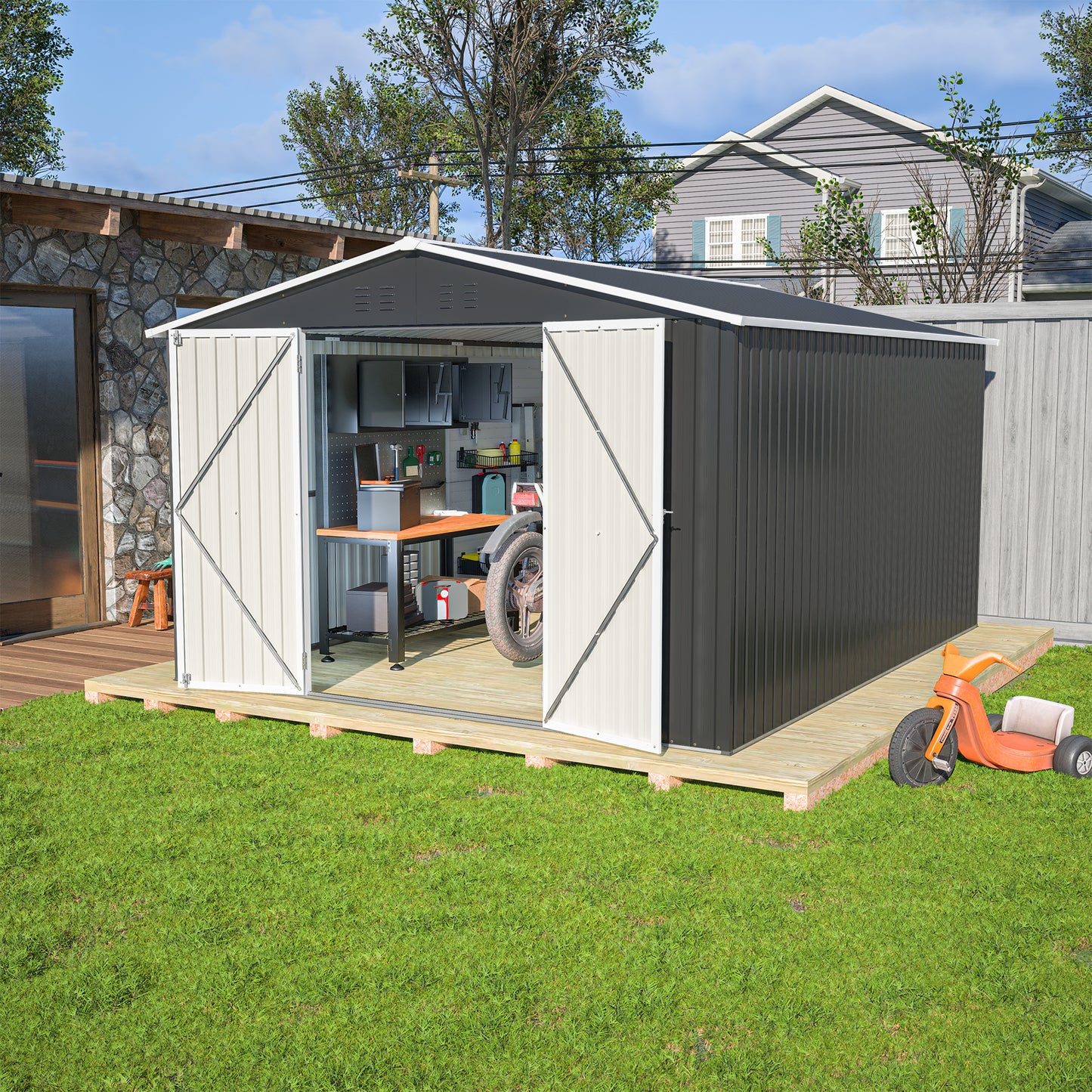 Outdoor Storage Shed 10x12 FT, Utility Metal Tool Storage with Lockable Doors and Updated Frame Structure, Large Metal Garden Shed for Backyard, Patio Lawn, Black image 1