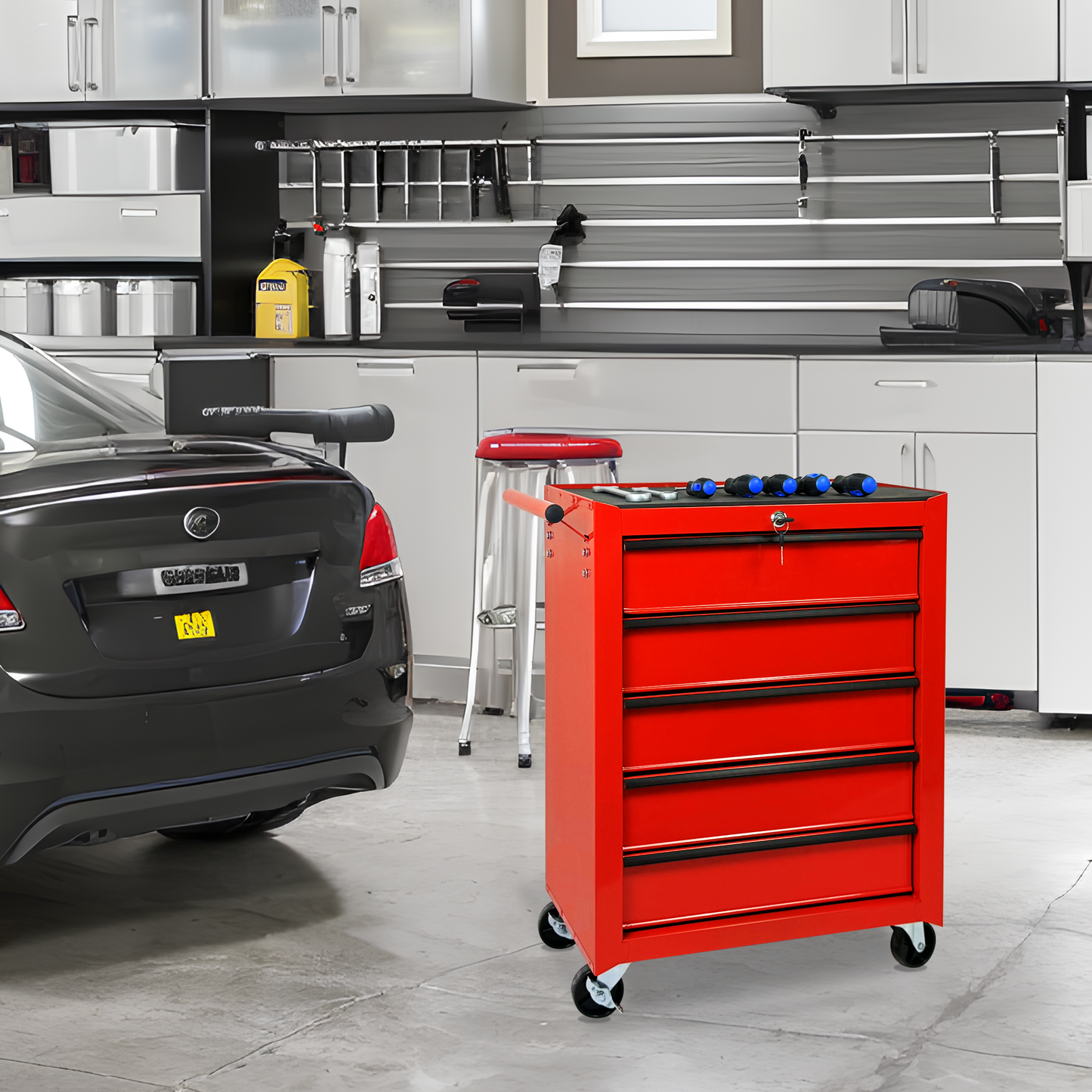 Rolling Metal Tool Chest with 5 Drawers, 20" 5-Drawer Tool Chest Cabinet with Ball Bearing Drawer Slides, Steel Tool Storage Box Organizer-RED image 3
