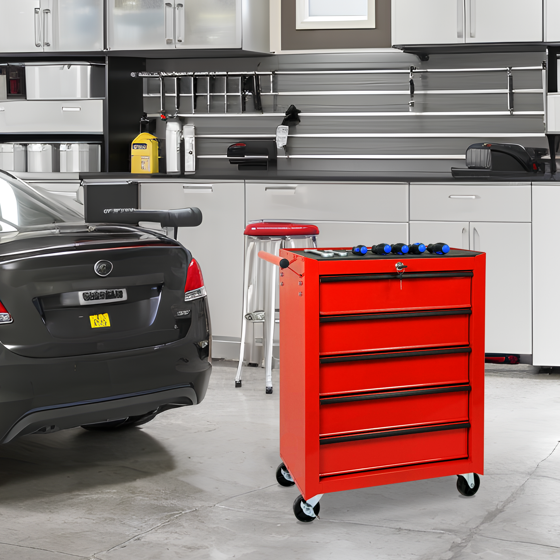 Rolling Metal Tool Chest with 5 Drawers, 20" 5-Drawer Tool Chest Cabinet with Ball Bearing Drawer Slides, Steel Tool Storage Box Organizer-RED image 3