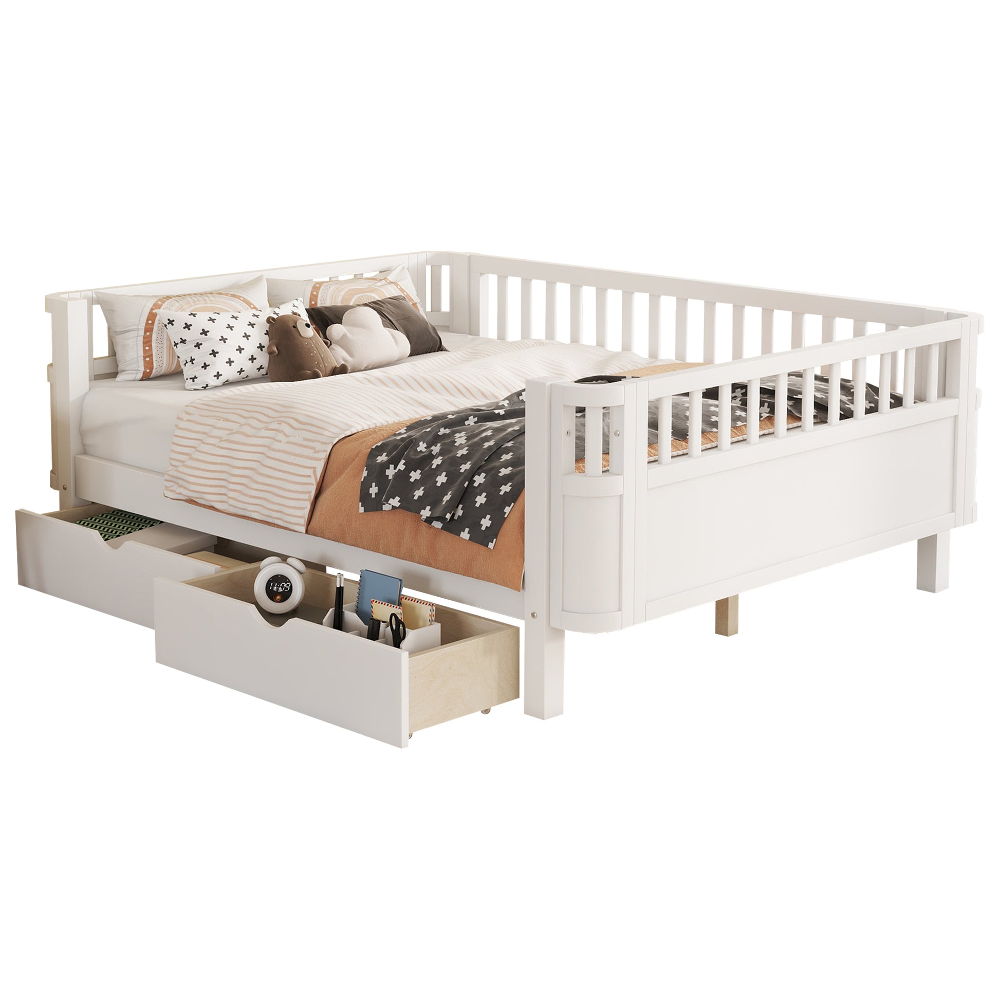 Full Size Wood Platform Bed for Kids, Wood Low Profile Full Bed with Rails for Girls and Boys, White (Old SKU W2593P331684) image 9