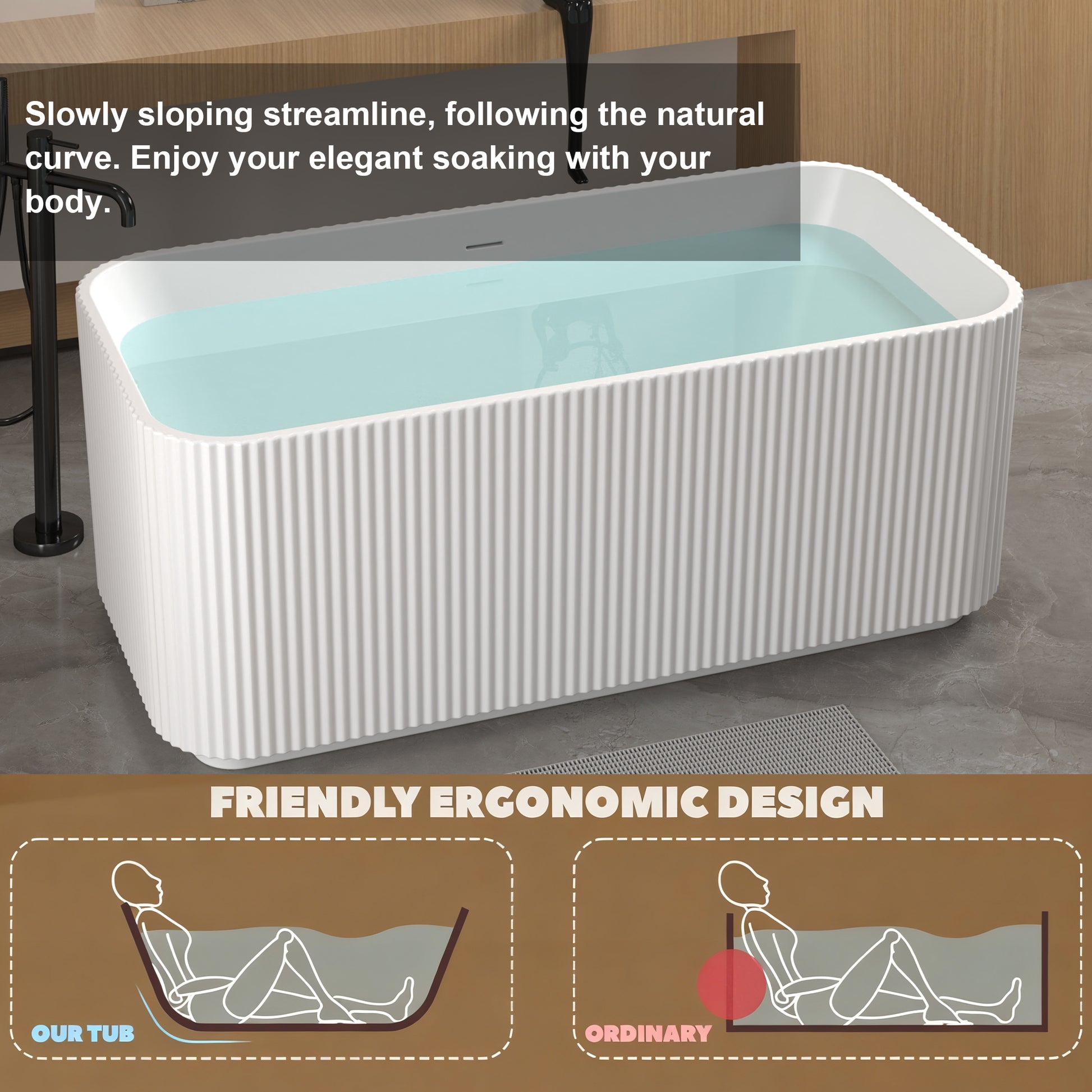 59"Rectangle Linear Acrylic Freestanding Bathtub Stand Alone Soaker Tub, Glossy White Acrylic, POP-UP Chrome Drain, cUPC Certified, image 8