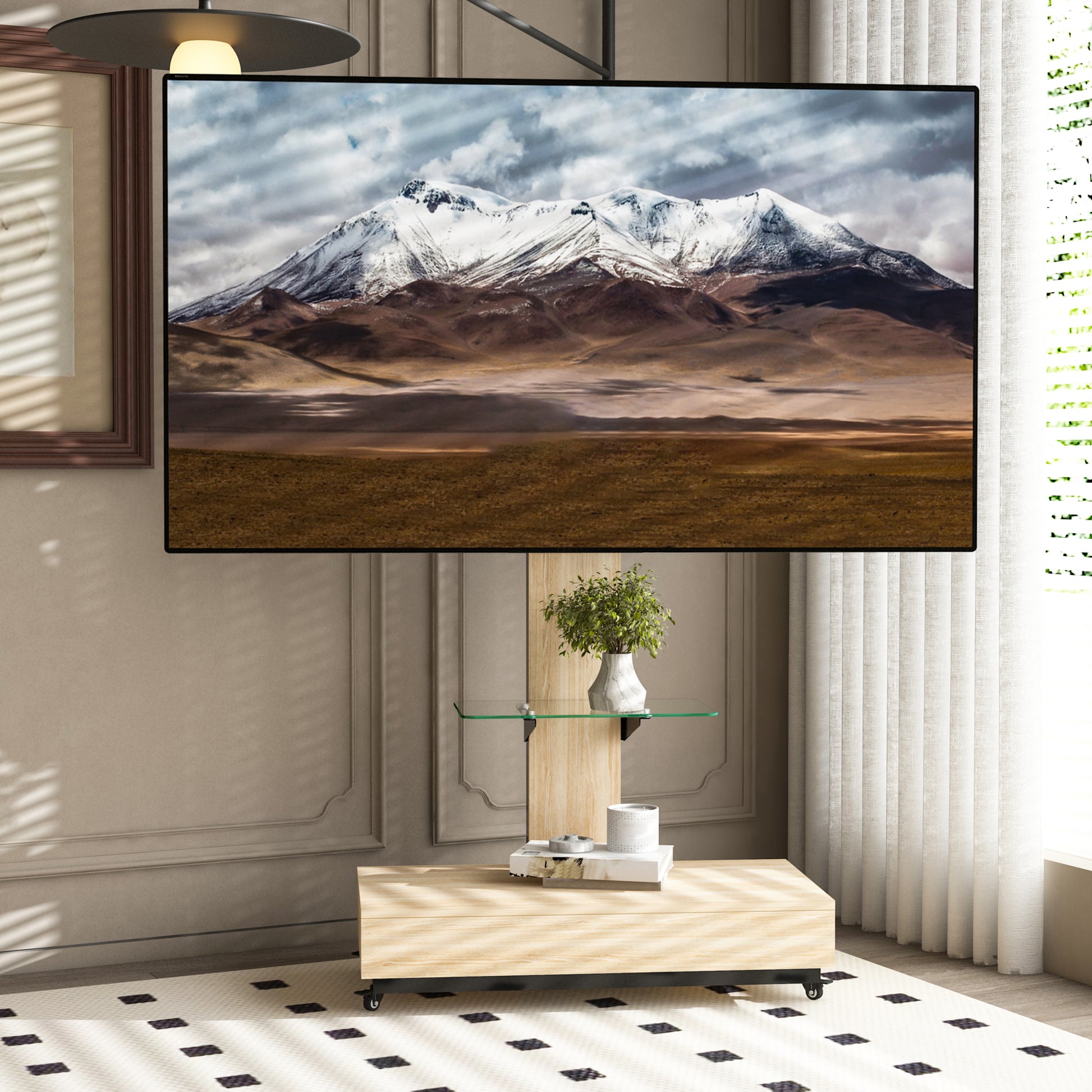 TV stand with push-pull drawer for Living Room, Bedroom,Offices,Adjustable Height Mobile TV Cart for 32-75 inches,Wood &glass TV Stand with wheels,Natural image 1