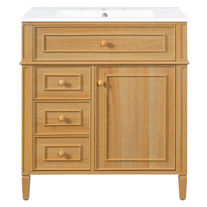 30" Bathroom Vanity with Sink, Wood Vanity Cabinet with Flip-Out Drawer, 2 Soft-Close Drawers, 1 Soft-Close Door, Solid Wood & MDF, Elegant Wood Handles image 11