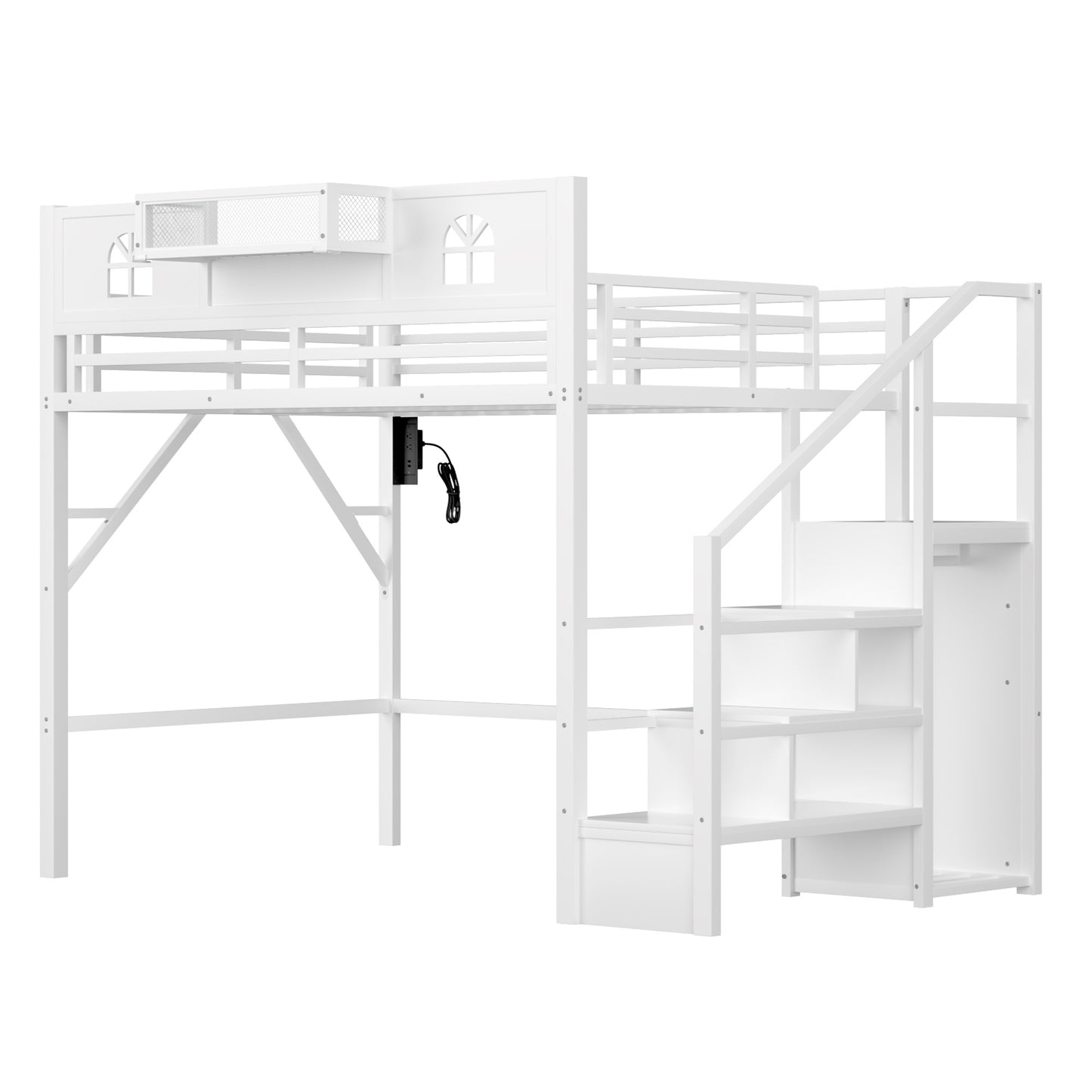 Full Size Loft Bed with Stairs, Metal Full Loft Bed with High and House Shaped Guardrails, High Loft Bed with Wardrobe for Kids Teens, White (Old SKU W2593S00037 Expect Arrival Datee2026/3/17) image 9