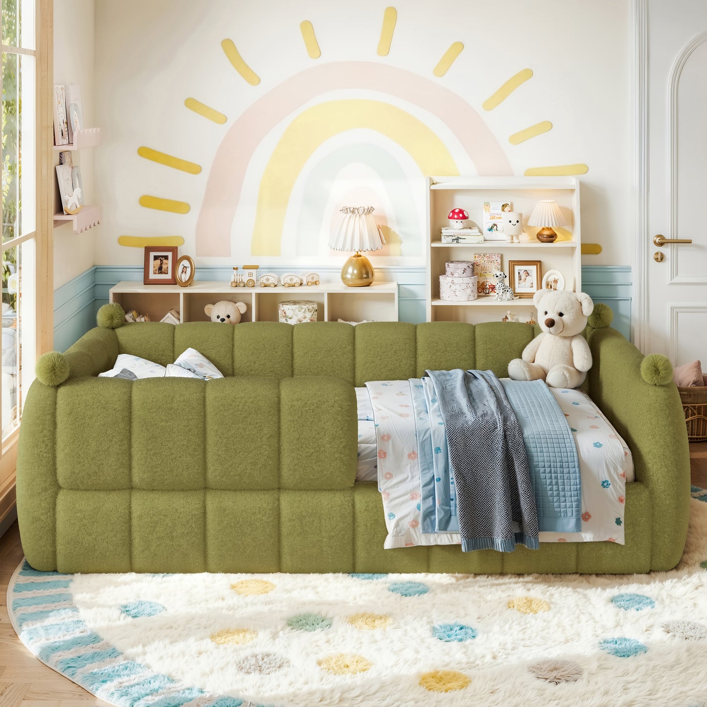 Twin Size Kids Soft Upholstered Floor Bed, Montessori Floor Bed with Full Surround Safety Rails, Low to Ground Child Bed Frame for Boys Girls, Green image 3