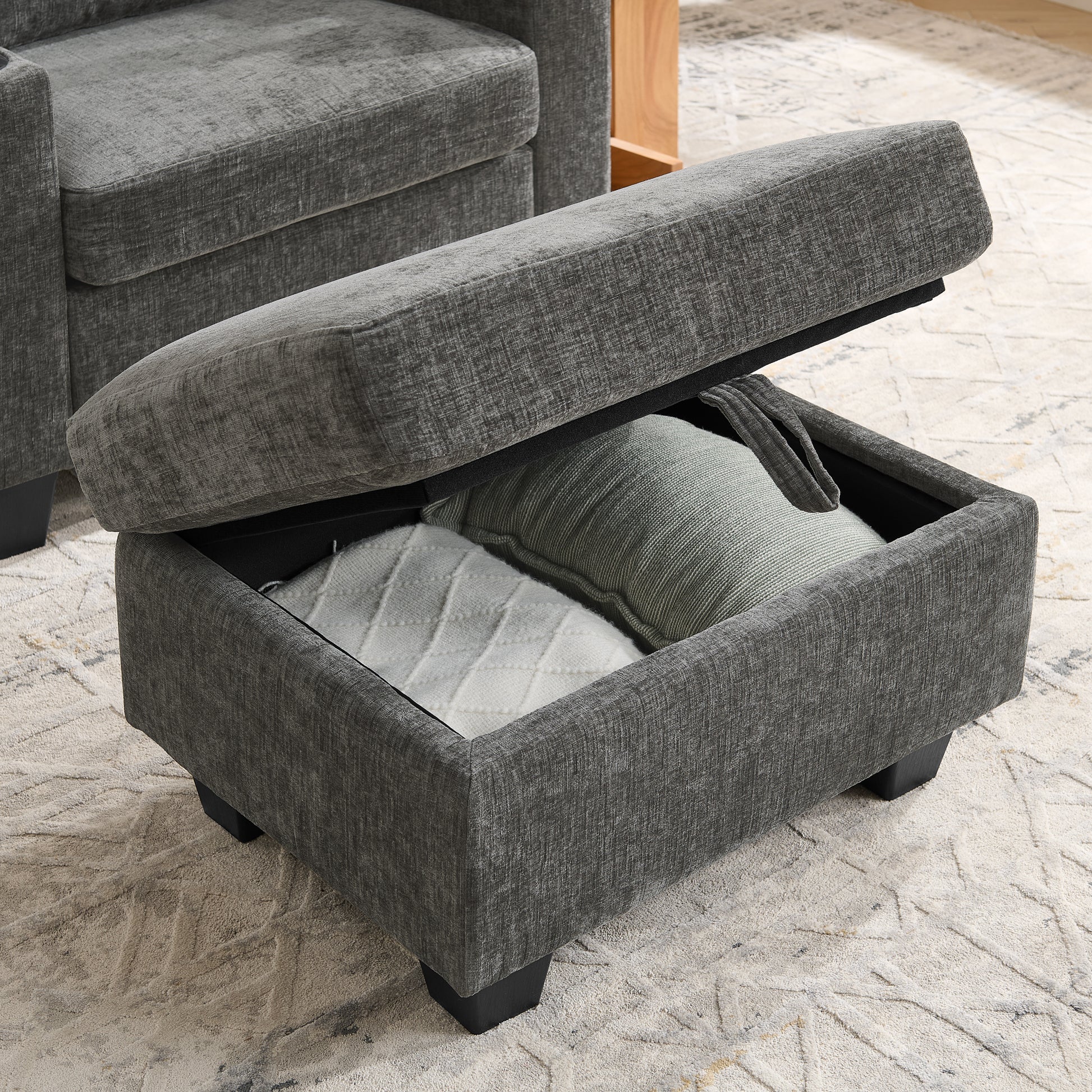 Single sofa recliner with manually adjustable backrest, USB charging port on the armrest side, phone stand included, hidden armrest storage, and a matching storage ottoman-Gray image 12