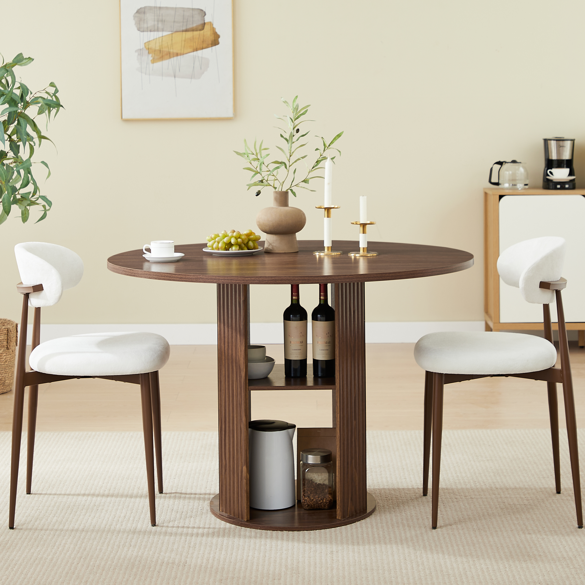 47.24" Round Dining Table (Serves 2–4) with Two Dining Chairs Blends modern and farmhouse styles, featuring a double-tiered storage shelf, suitable for dining rooms or living spaces.Walnut image 5