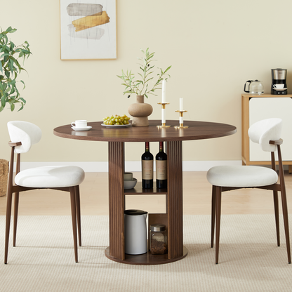 47.24" Round Dining Table (Serves 2–4) with Two Dining Chairs Blends modern and farmhouse styles, featuring a double-tiered storage shelf, suitable for dining rooms or living spaces.Walnut image 5